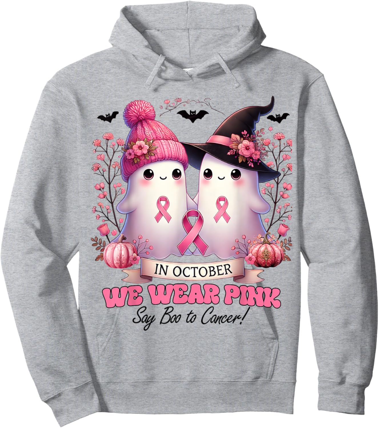 In October We Wear Pink Witch Ghost Pumpkin Breast Cancer Hoodie - Hoodie | Ash