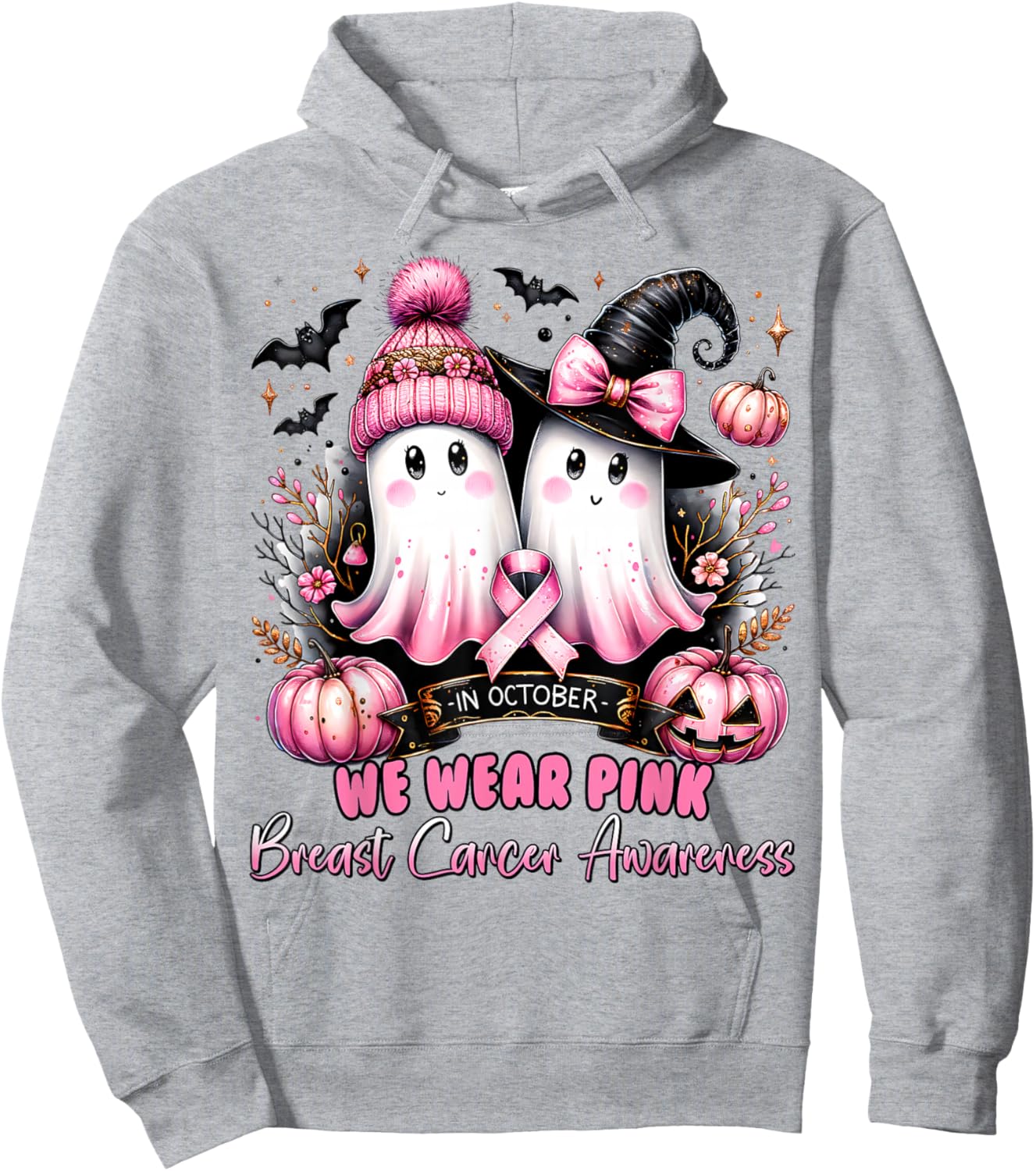In October We Wear Pink Ghost Witch Breast Cancer Awareness Hoodie - Hoodie | Ash