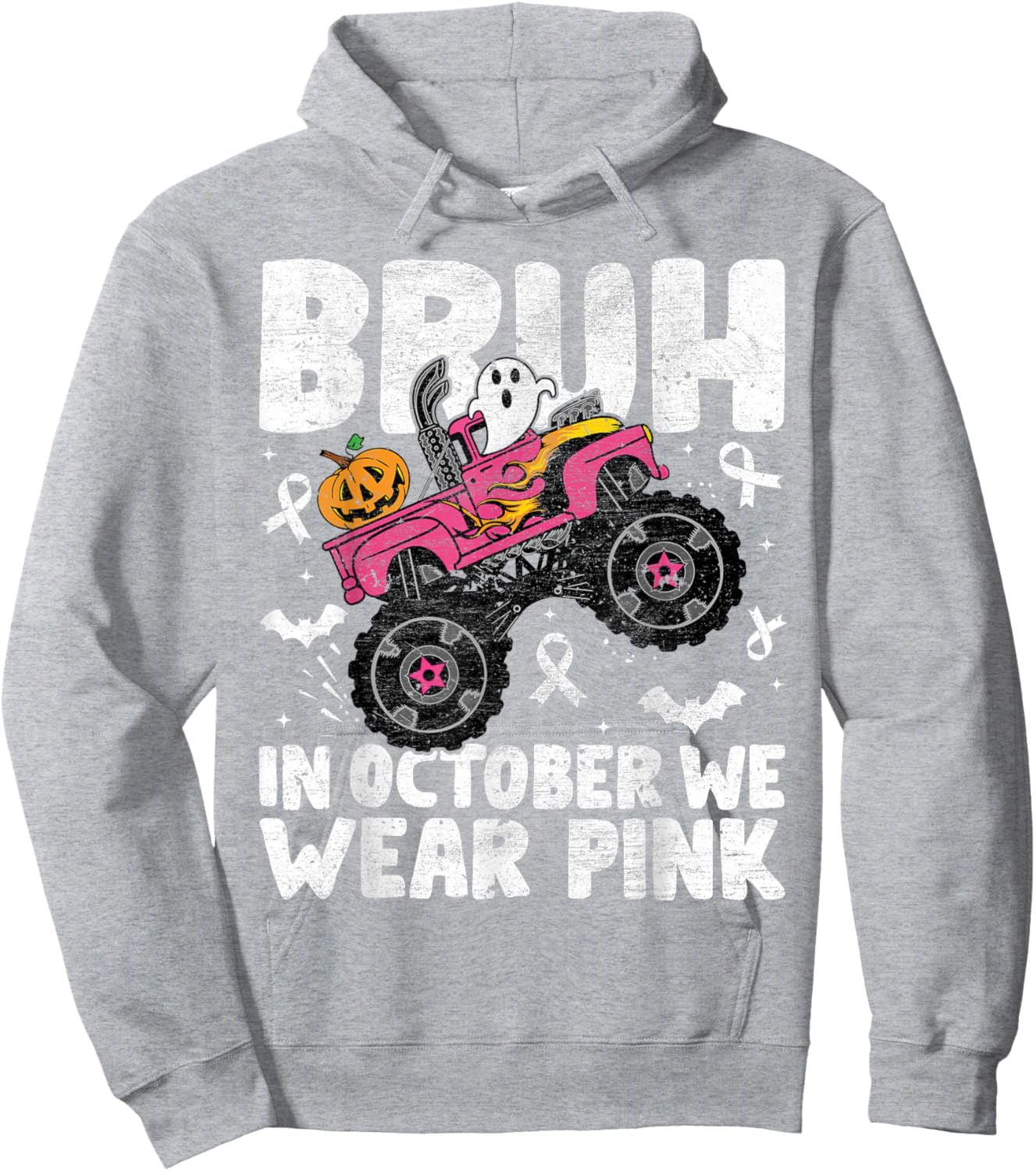 Bruh In October Wear Pink Breast Cancer Halloween Kids Boys Hoodie - Hoodie | Ash