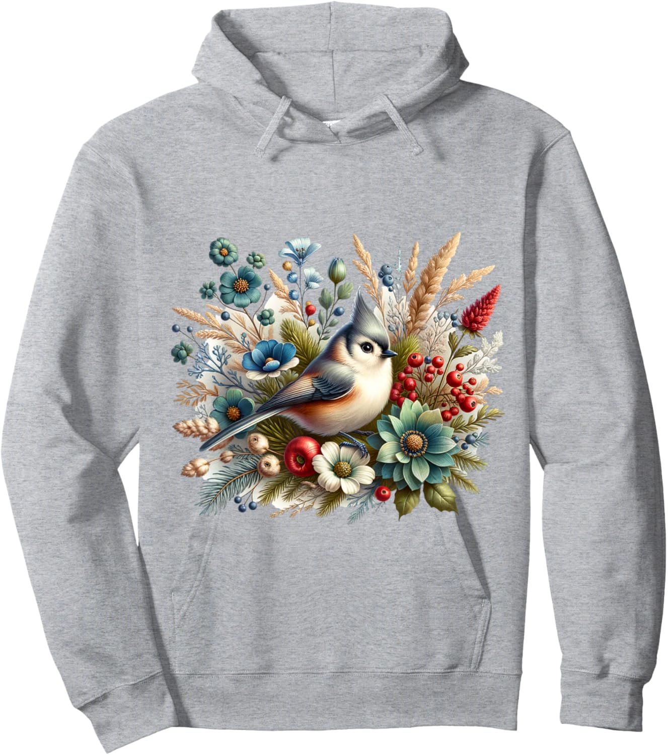 Tufted Titmouse Vintage Floral Wintery Bird Hoodie - Hoodie | Ash