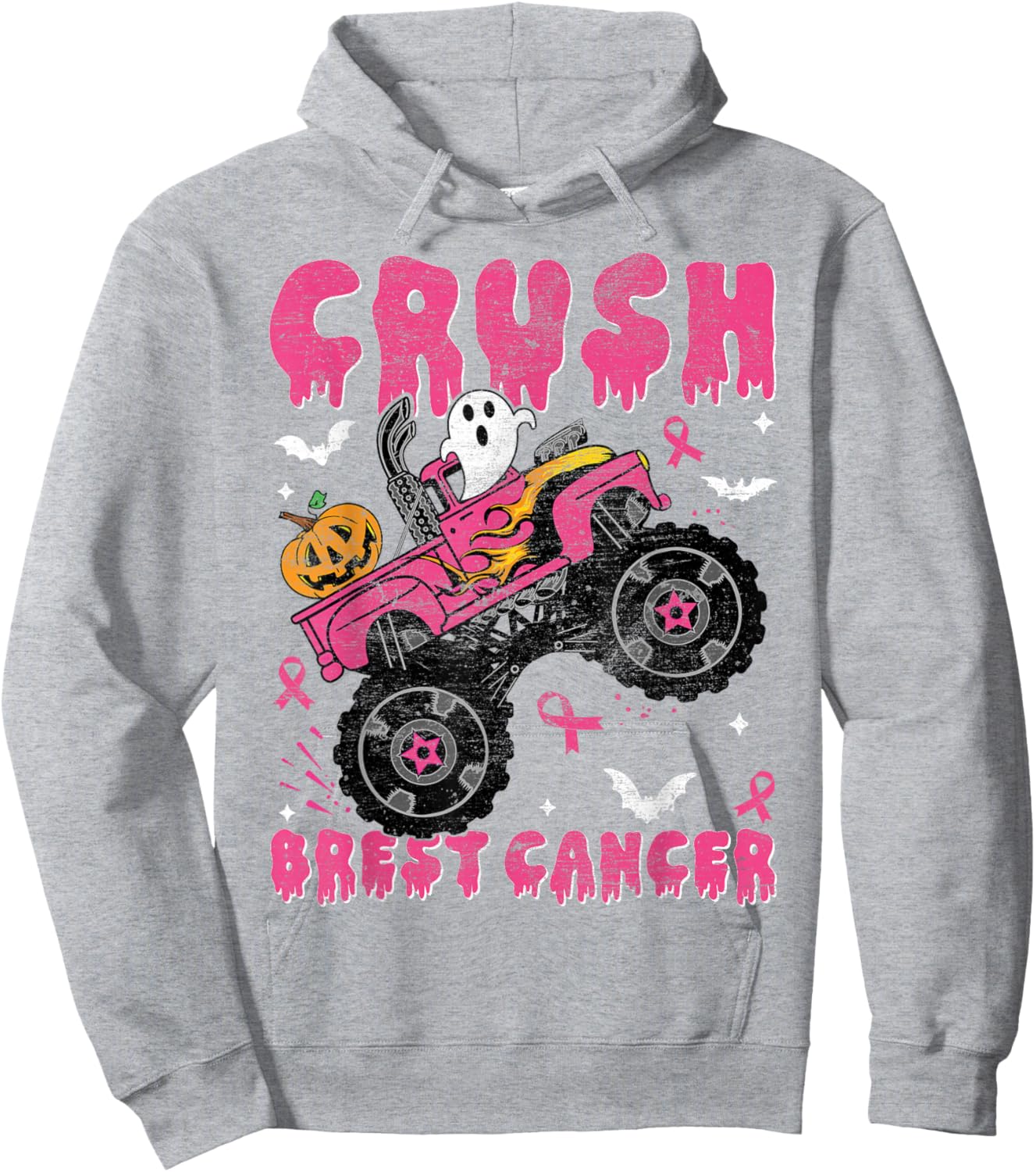 Halloween Monster Truck Crush Breast Cancer Awareness Kids Hoodie - Hoodie | Ash
