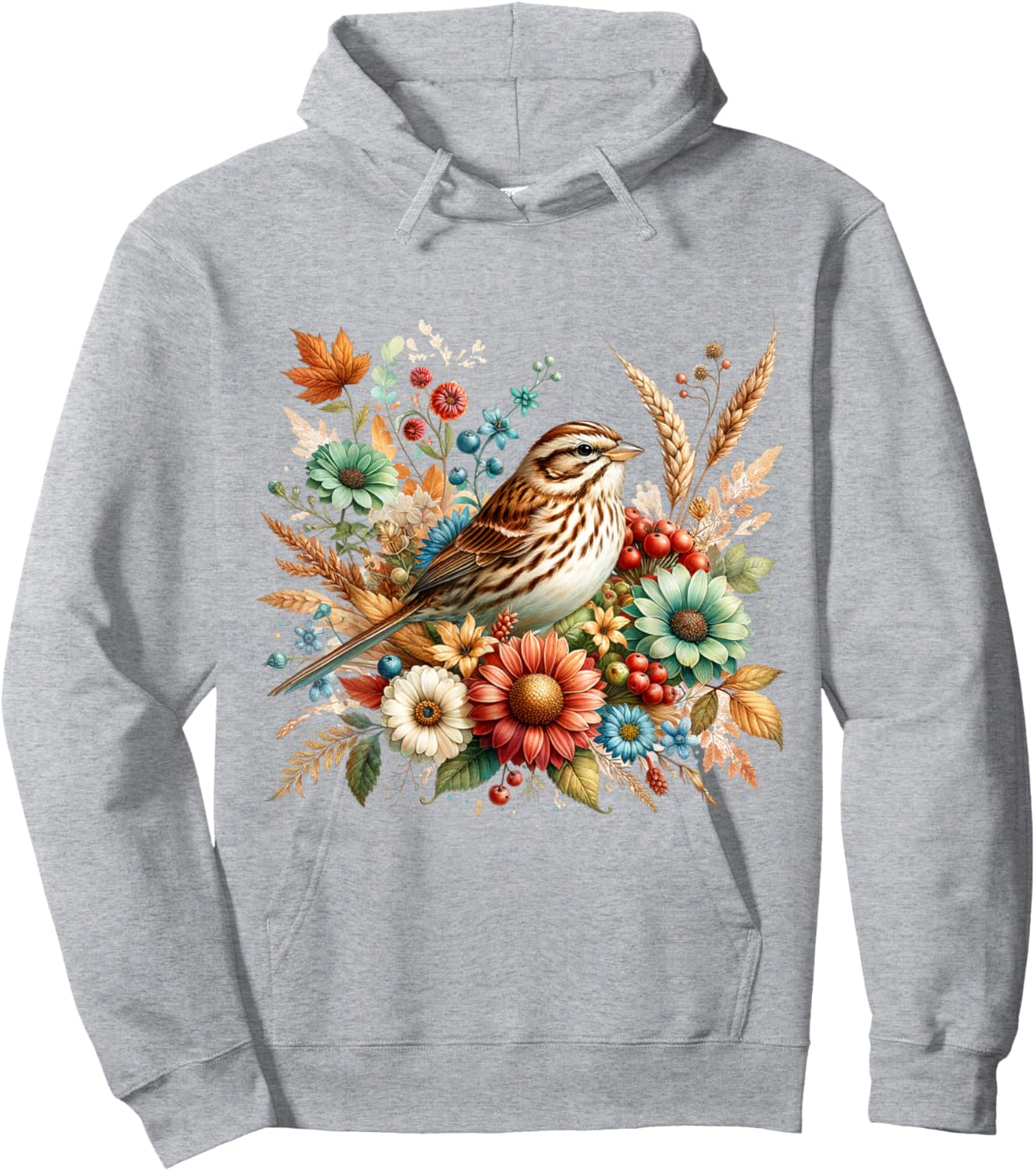 Song Sparrow Vintage Floral Autumn Bird Hoodie - Hoodie | Ash