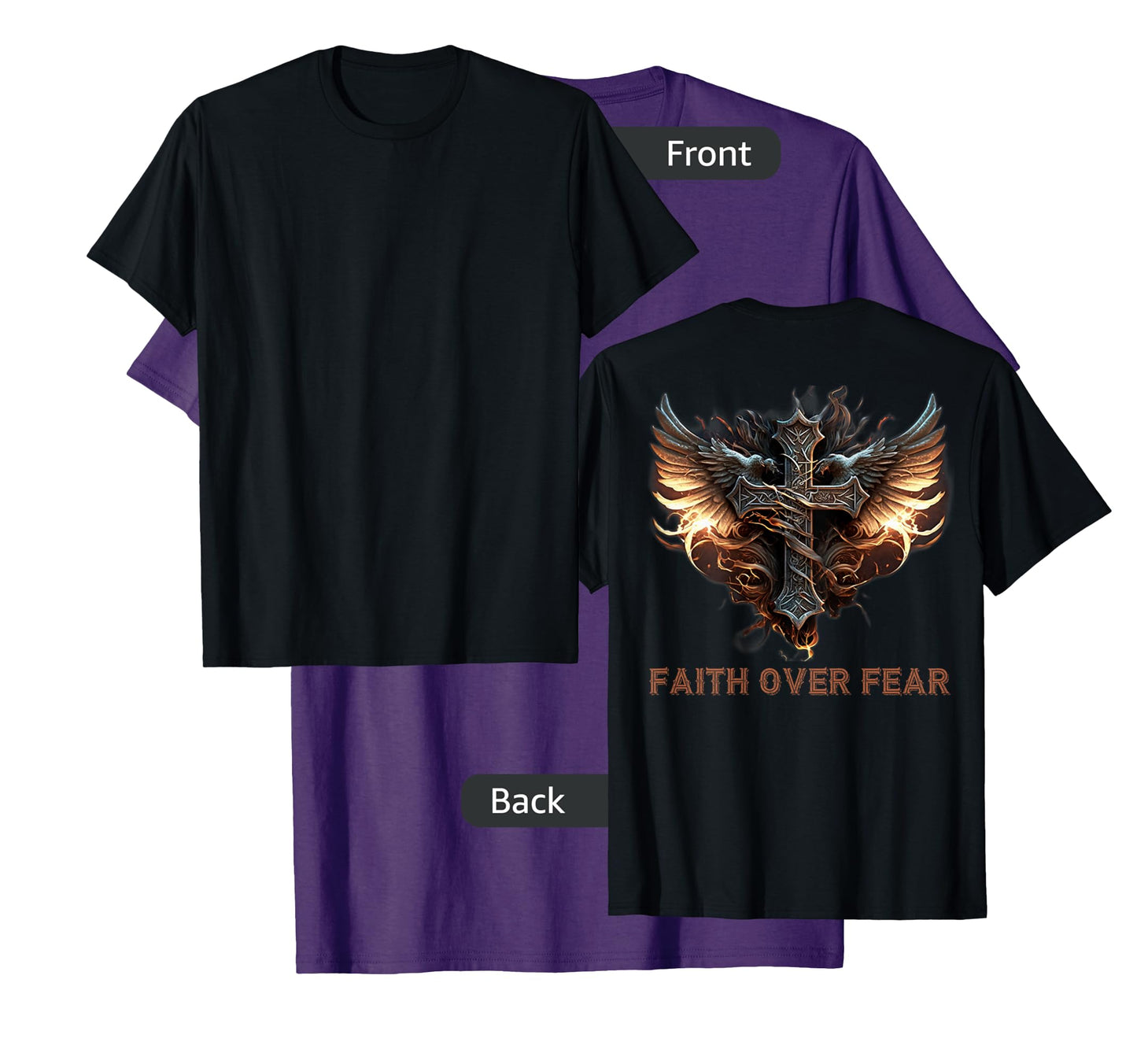Angel Wings Christian Cross Faith Over Fear - On Back T-Shirt