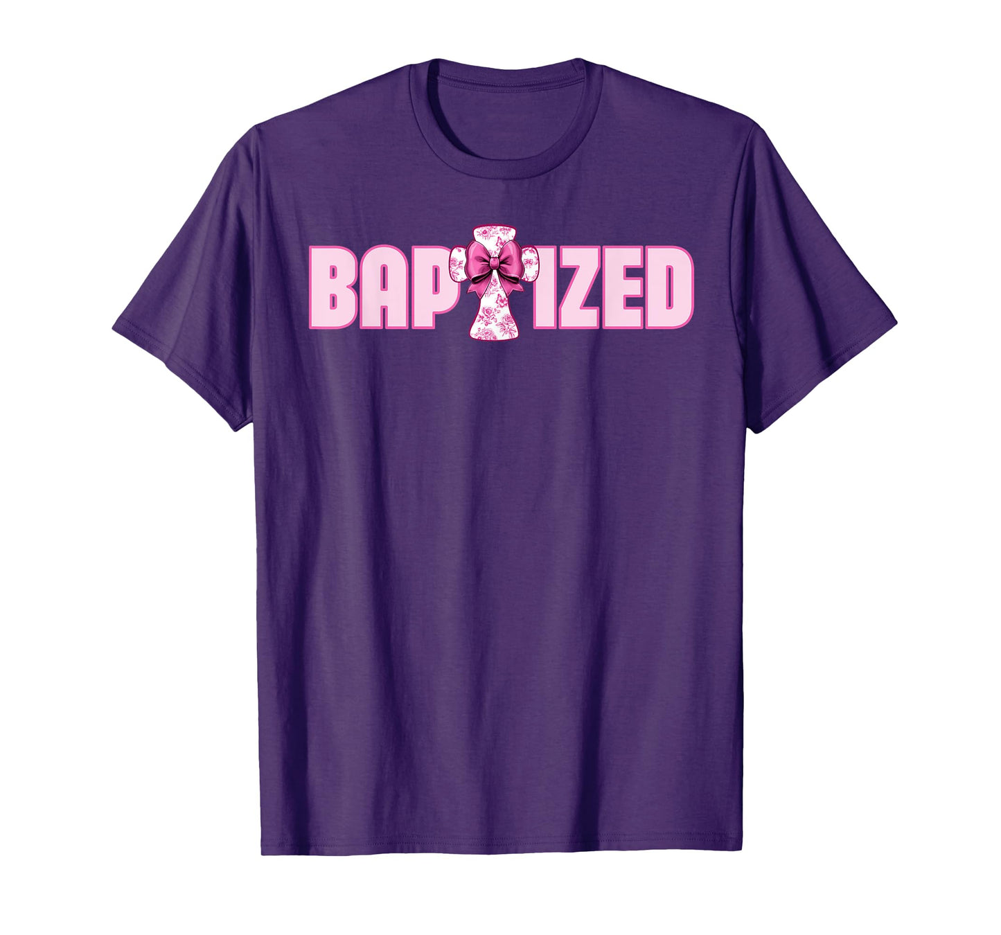 Baptized Pink Toile Cross And Coquette Bow For Baptism T-Shirt