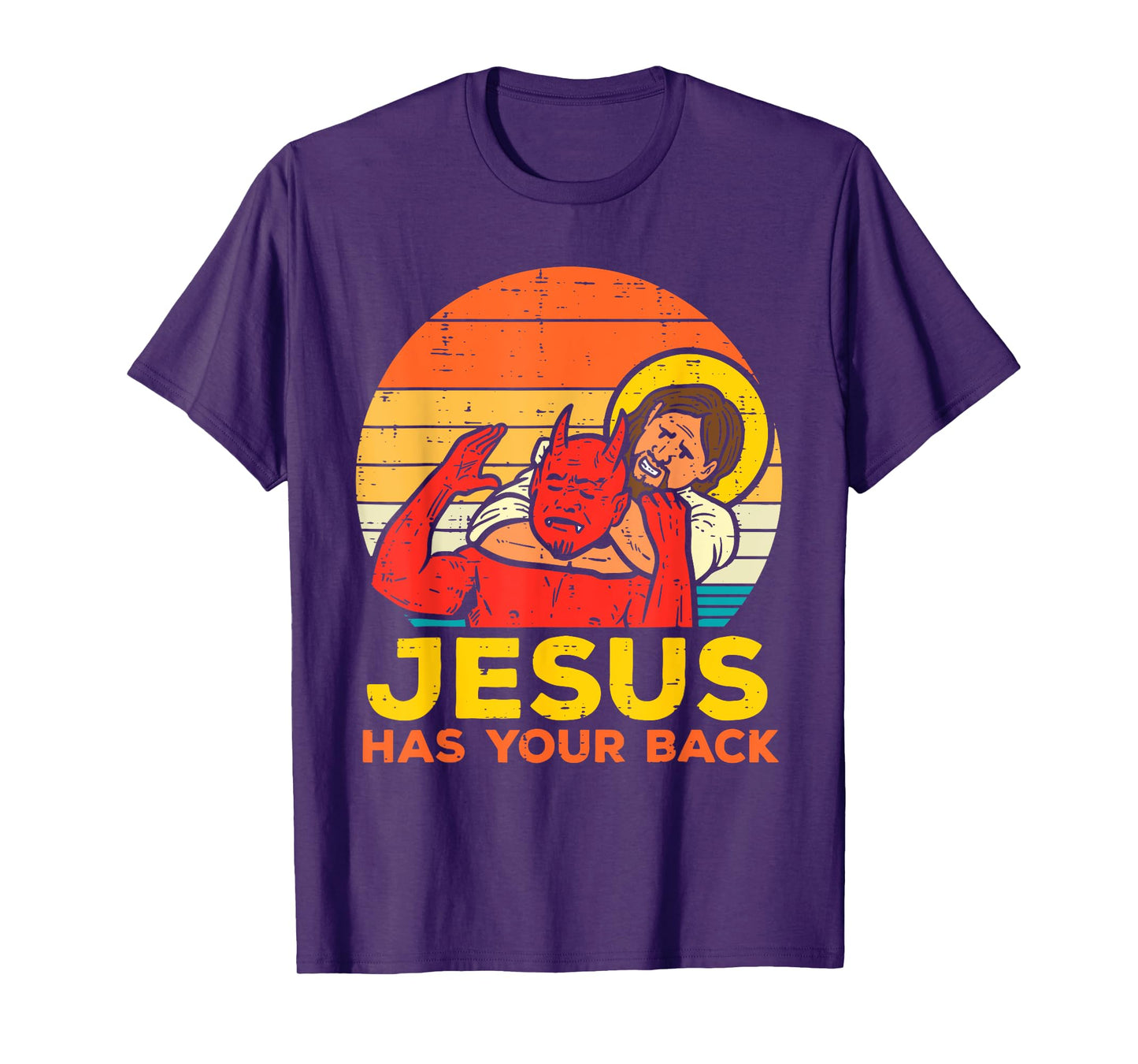 Jesus Has Your Back - Retro Sunset Jesus Wrestling Devil T-Shirt