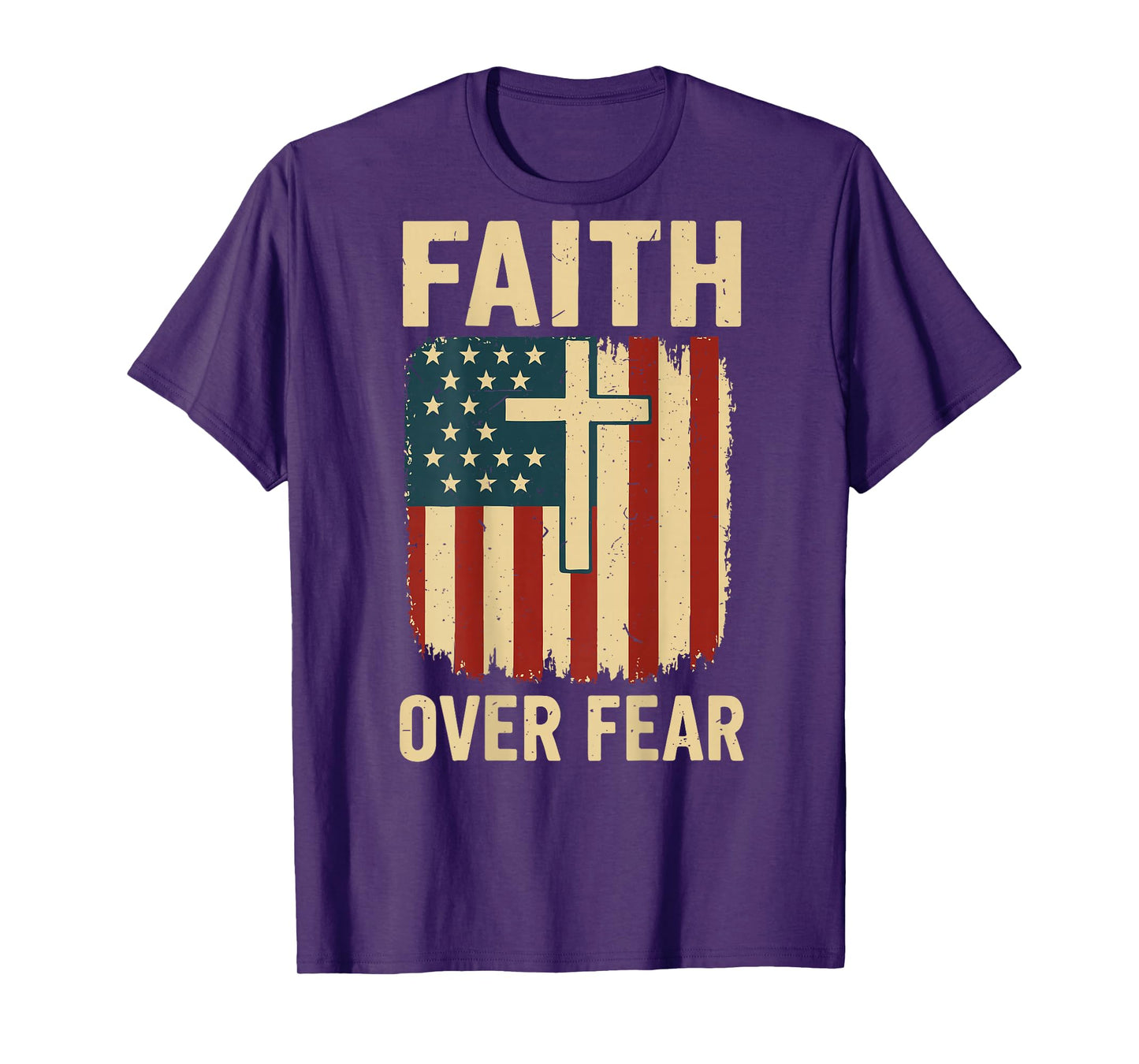 Mens Patriotic Christian Faith Over Fear American Flag Cross T-Shirt