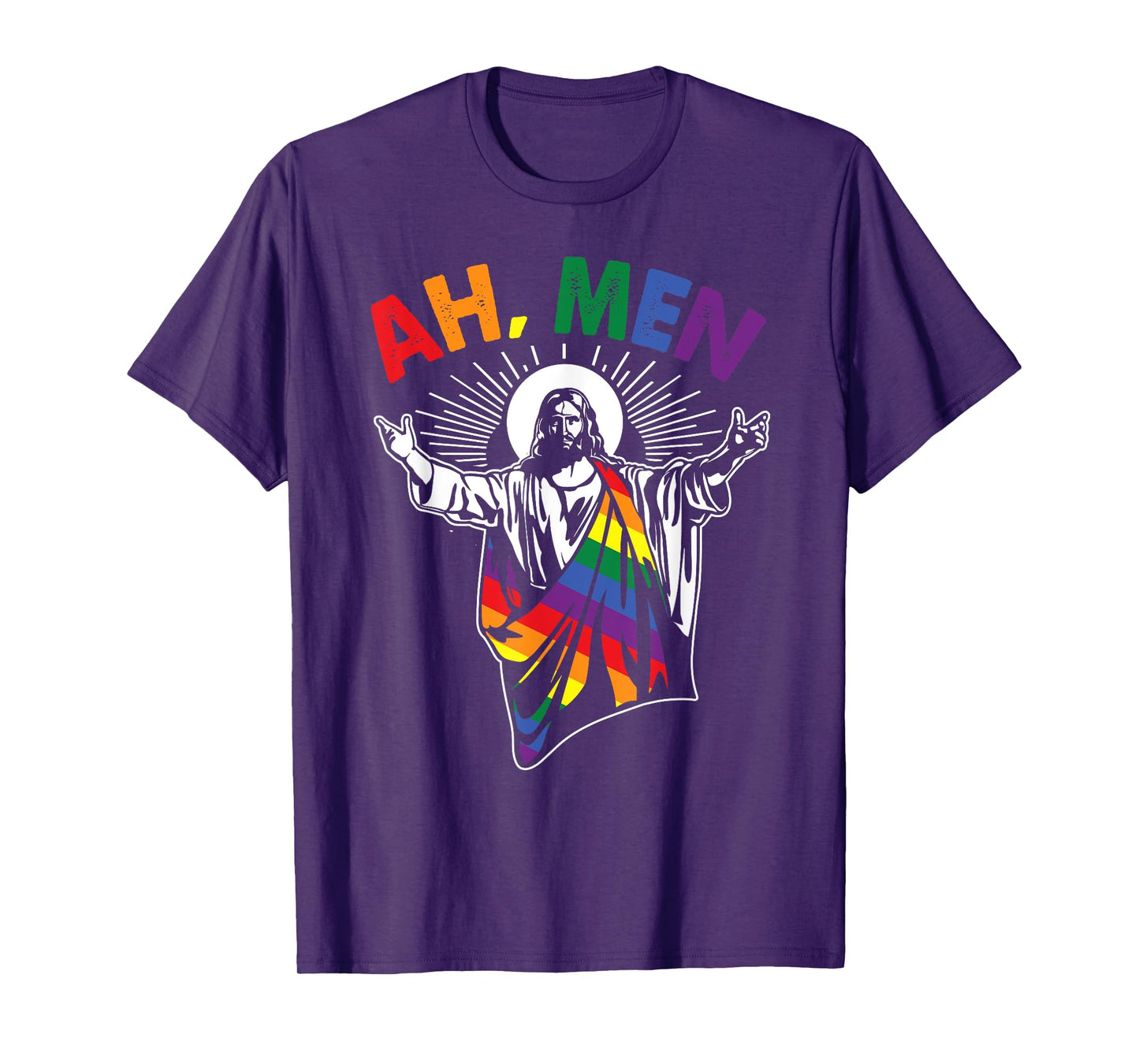Ah Men Funny LGBT Gay Pride Jesus Rainbow Flag Christian Short Sleeve T-Shirt