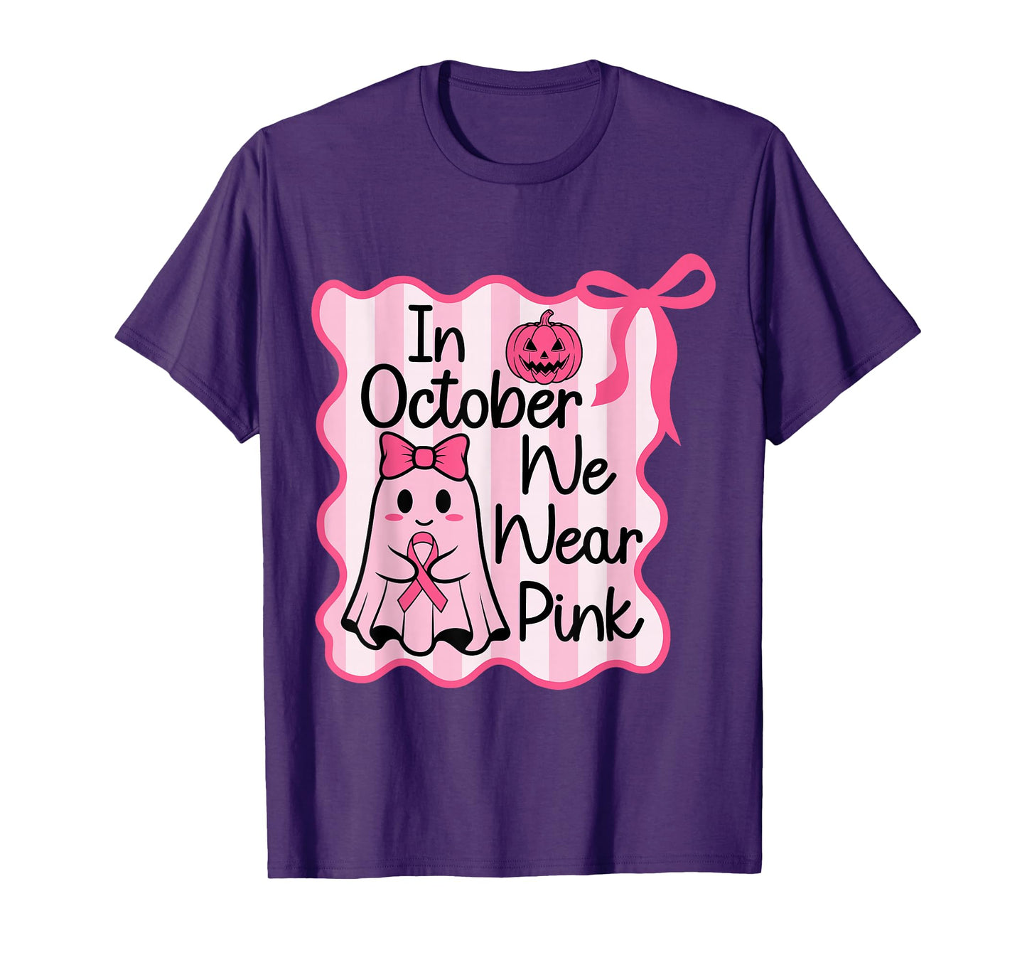 in October We Wear Pink Cute Ghost Halloween Coquette Bow T-Shirt