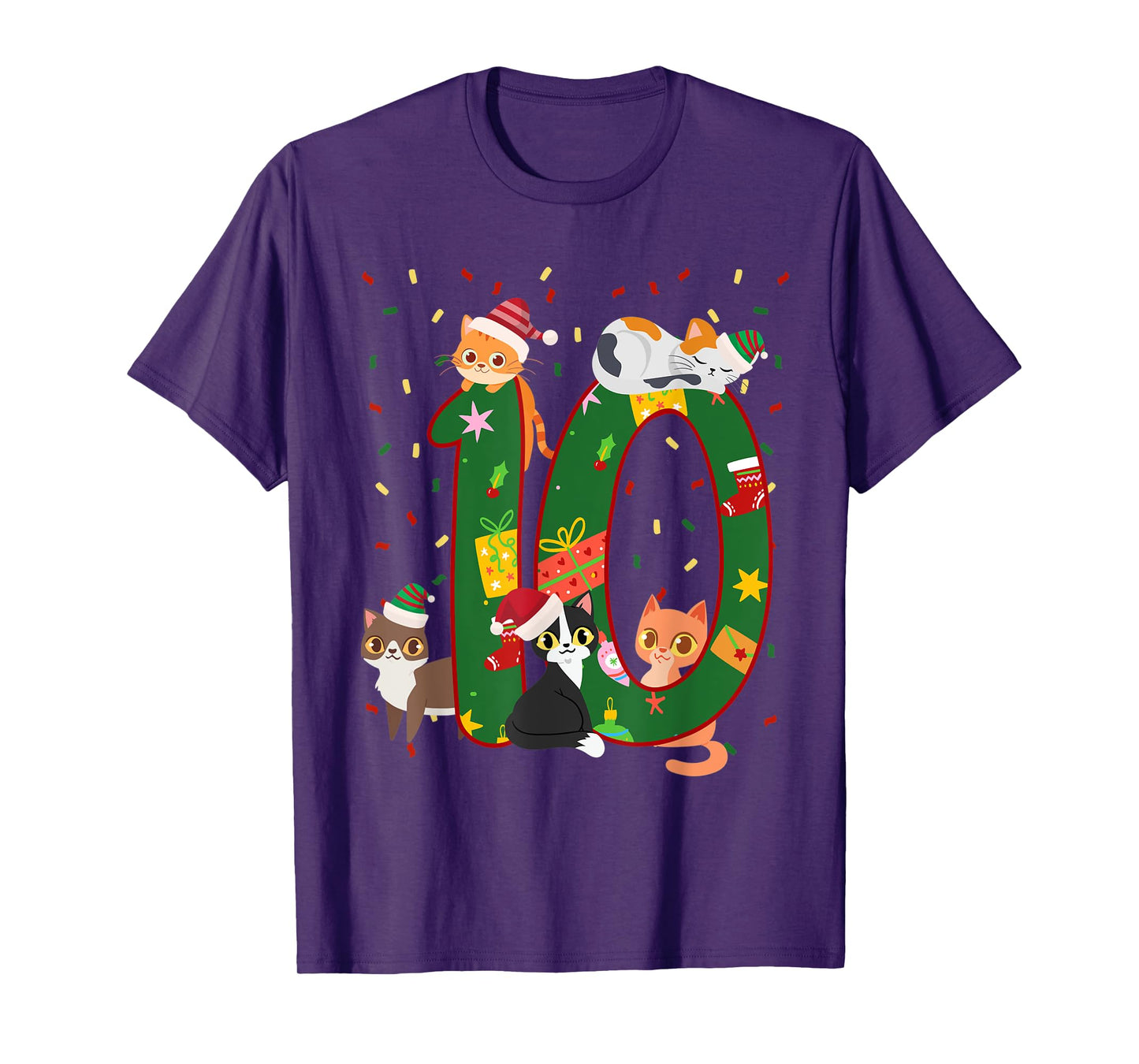 10 Years Old Kids Xmas Cute Cats 10th Birthday Christmas T-Shirt