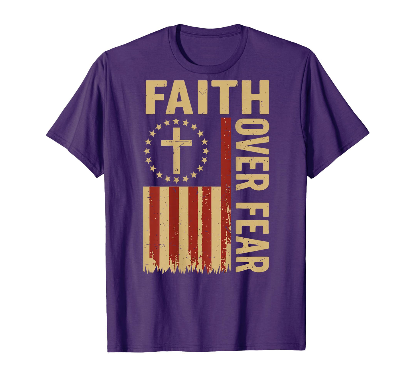Mens Faith Over Fear Christian Patriotic American Flag Cross T-Shirt