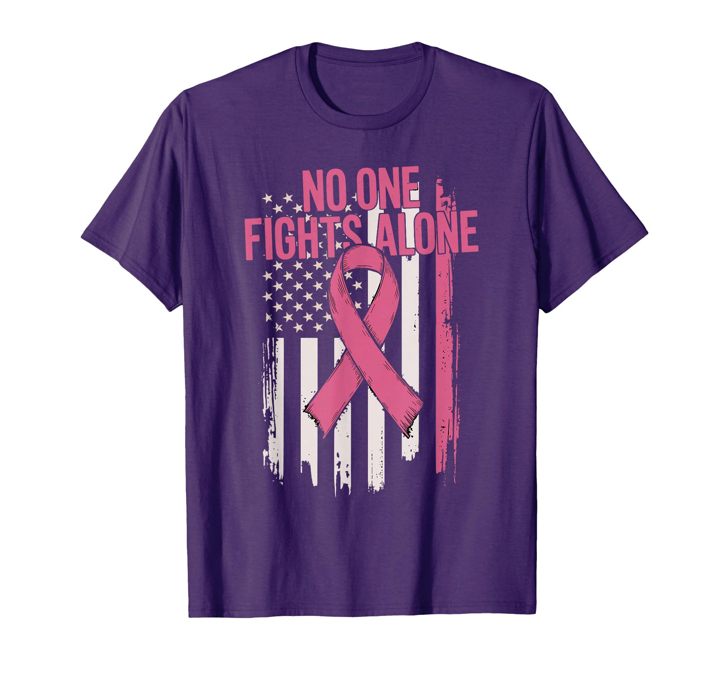 No One Fights Breast Cancer Alone American Flag Pink Ribbon T-Shirt