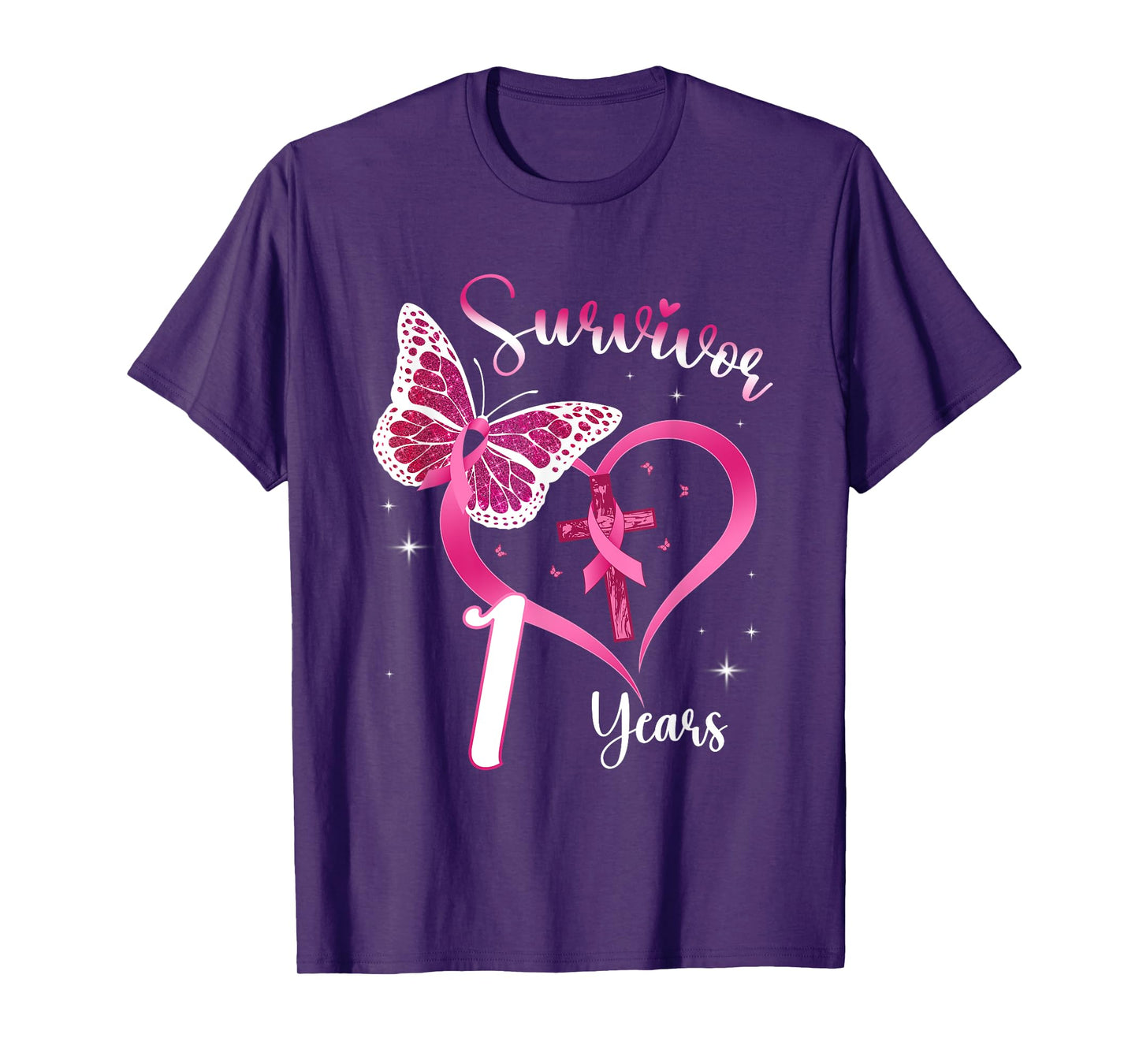 Breast Cancer Survivor Pink Ribbon Butterfly 1 Years Gift T-Shirt