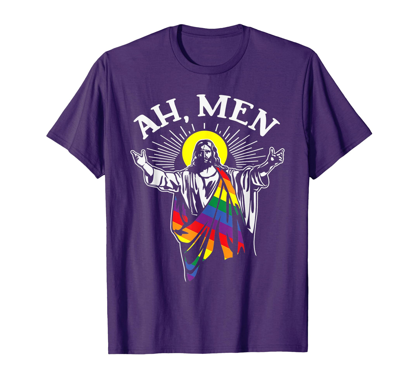 Ah Men Funny LGBT Gay Pride Jesus Rainbow Flag Christian T-Shirt
