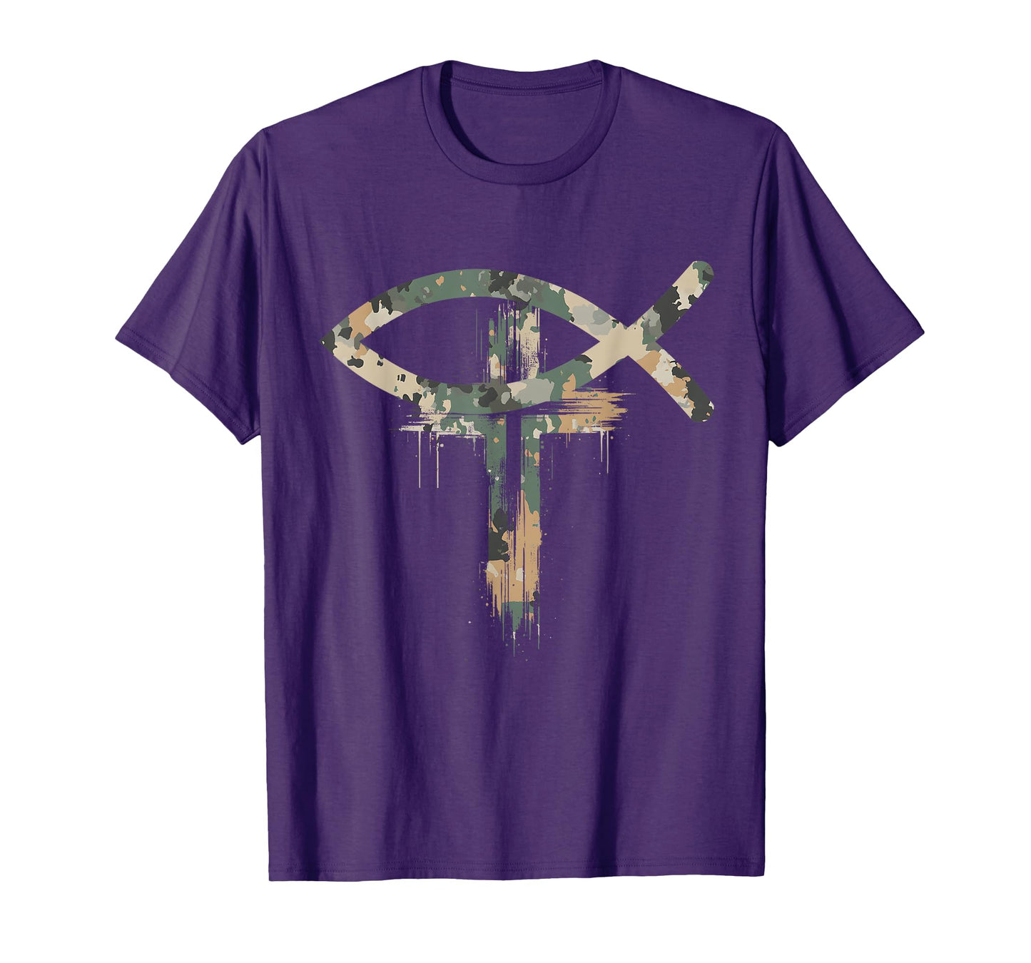 Cross Christian Fish Symbol Camo Camouflage Natural T-Shirt