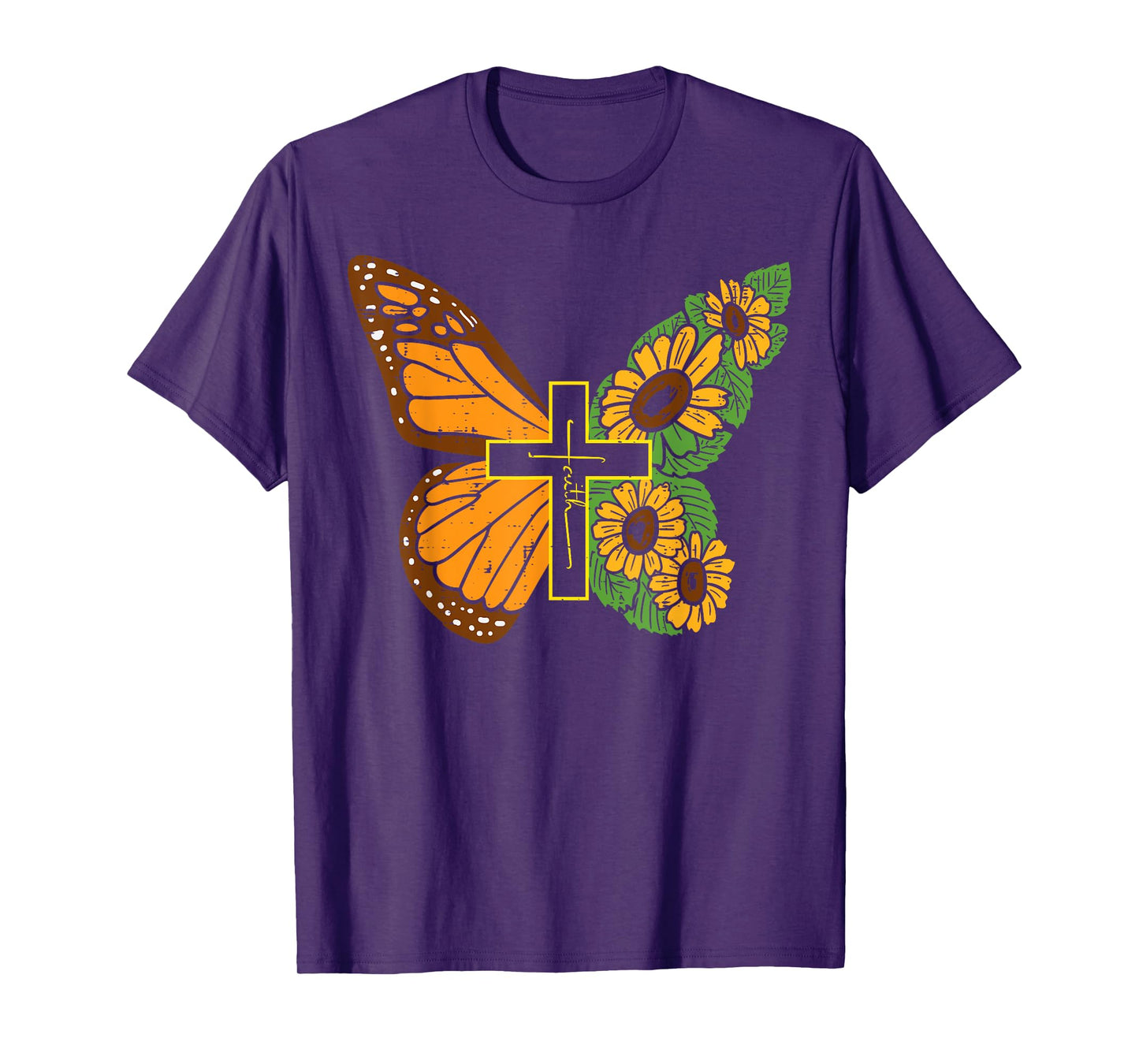 Butterfly Sunflower Cross Faith God Jesus Christian Women T-Shirt