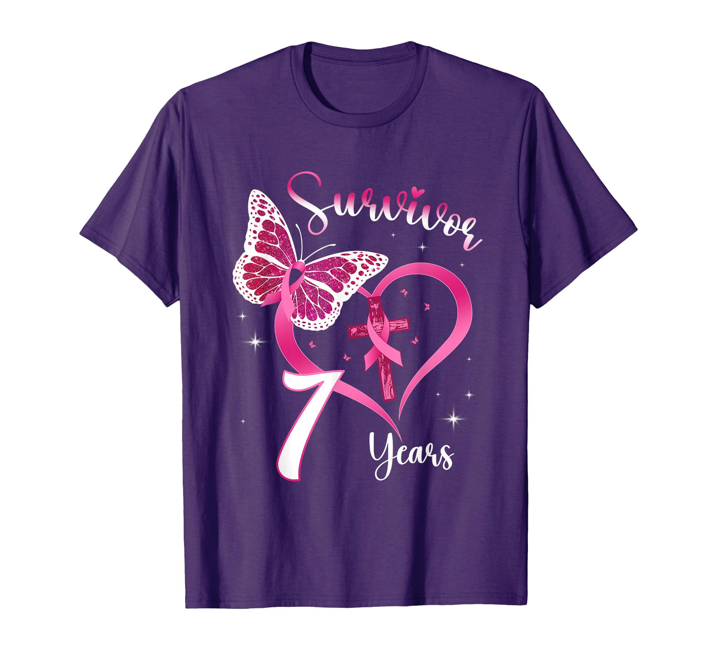 Breast Cancer Survivor Pink Ribbon Butterfly 7 Years Gift T-Shirt