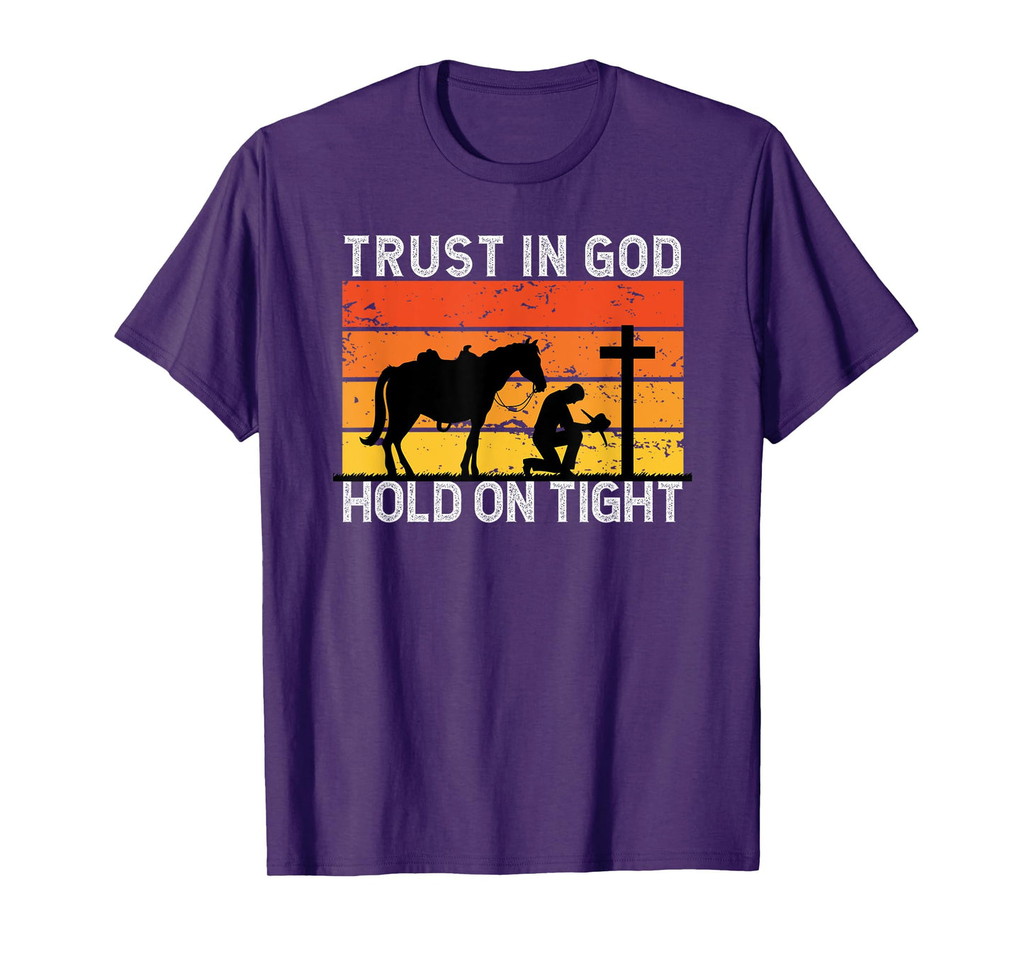Christian Cowboy Gifts Apparel Unisex-Adults Black Cotton Blend Short Sleeve T-Shirt Small Trust In God Hold Tight Cowboy Kneeling At Cross Jesus Christian Cowboy T-Shirt