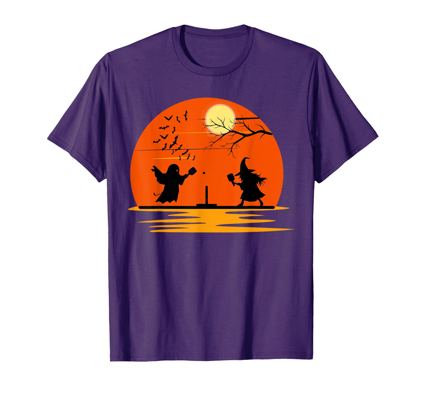 Ghost and Witch Playing Pickleball Halloween Costume Sunset T-Shirt