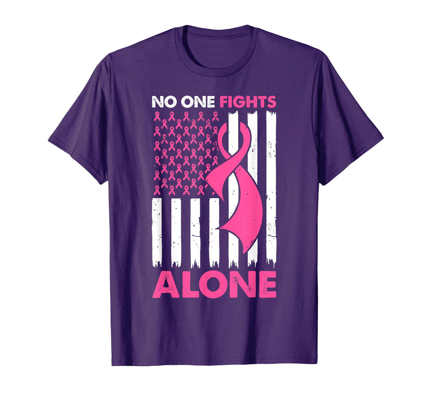 No One Fight Breast Cancer Alone Pink Ribbon American Flag T-Shirt