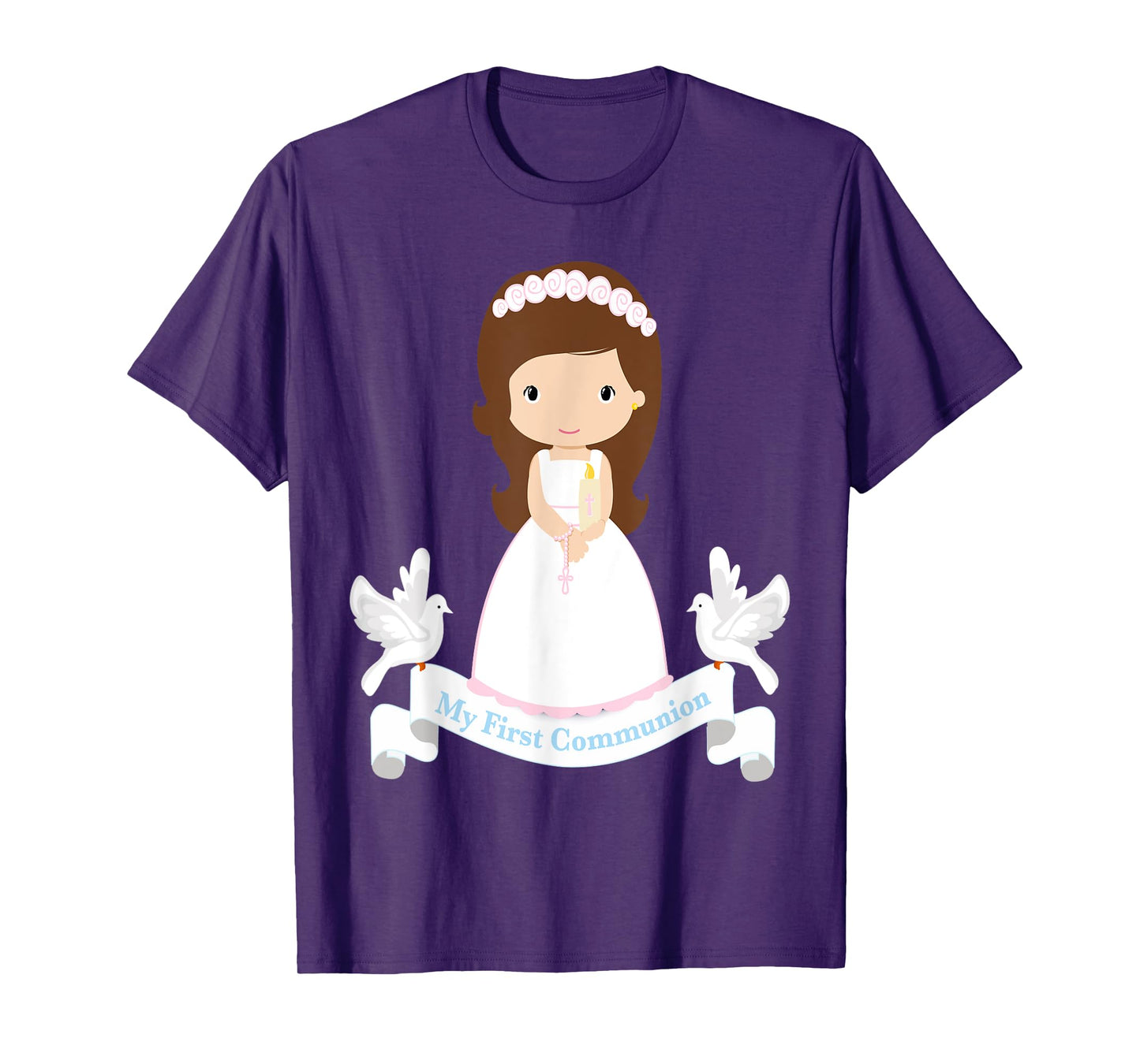 First Communion Shirt Kids Rosary Girls Daughter Brown Hair T-Shirt