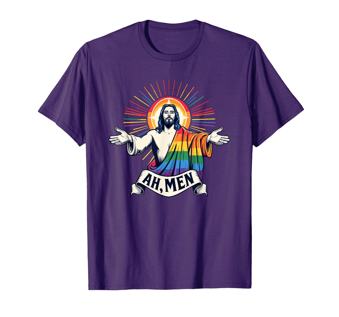 Ah Men Funny LGBT Gay Pride Jesus Rainbow Flag Christian T-Shirt