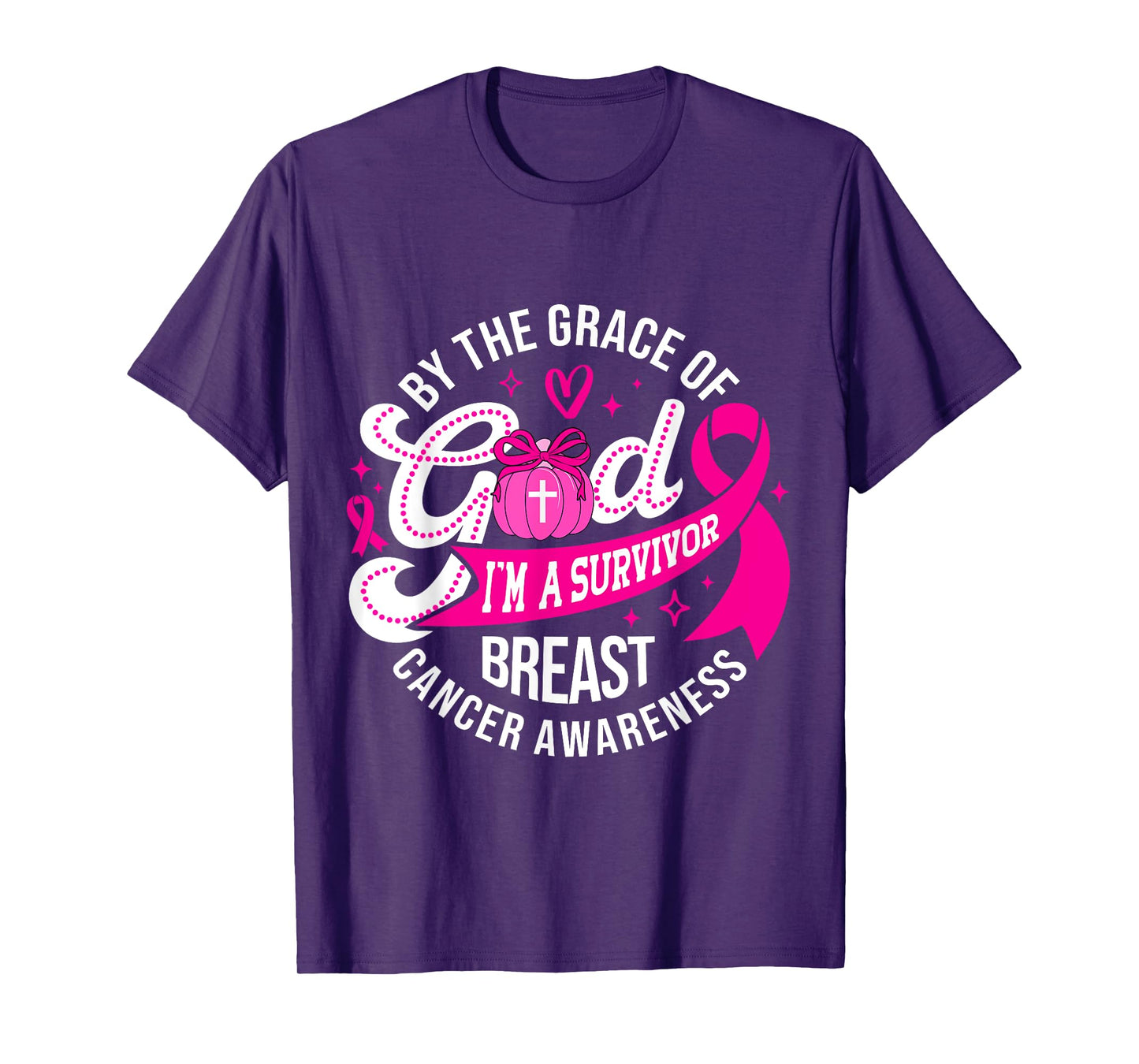 by The Grace God I'm A Survivor Breast Cancer Pumpkin Bow T-Shirt