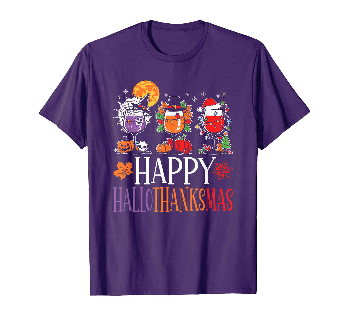 Happy Hallothanksmas Halloween Thanksgiving Christmas Wine T-Shirt