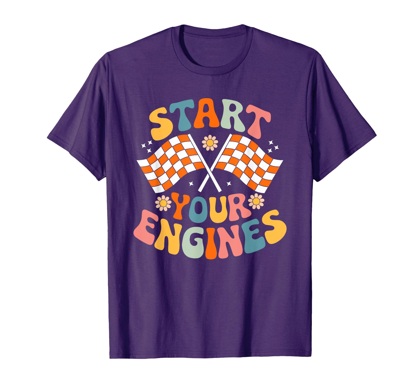 Groovy Start Your Engines Retro Checkered Flag Race Car T-Shirt