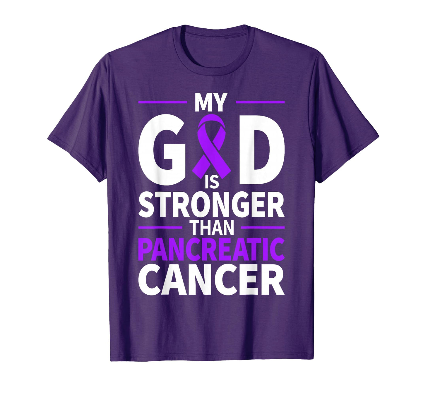 My God is Stronger Than Pancreatic Cancer Purple Ribbon T-Shirt