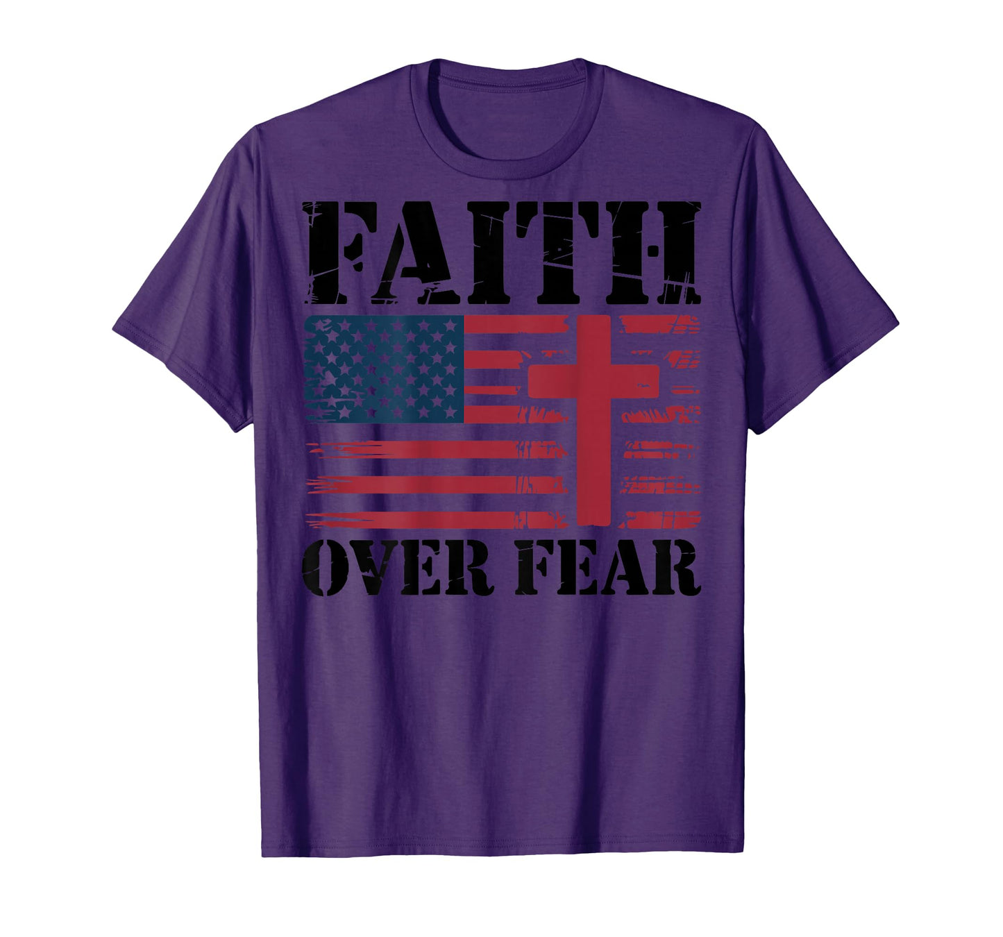Mens Faith Over Fear Christian Patriotic Cross American Flag T-Shirt