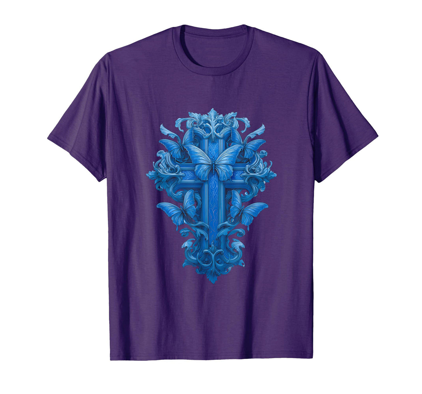 Blue Christian Cross with Butterfly Symbols of Hope T-Shirt