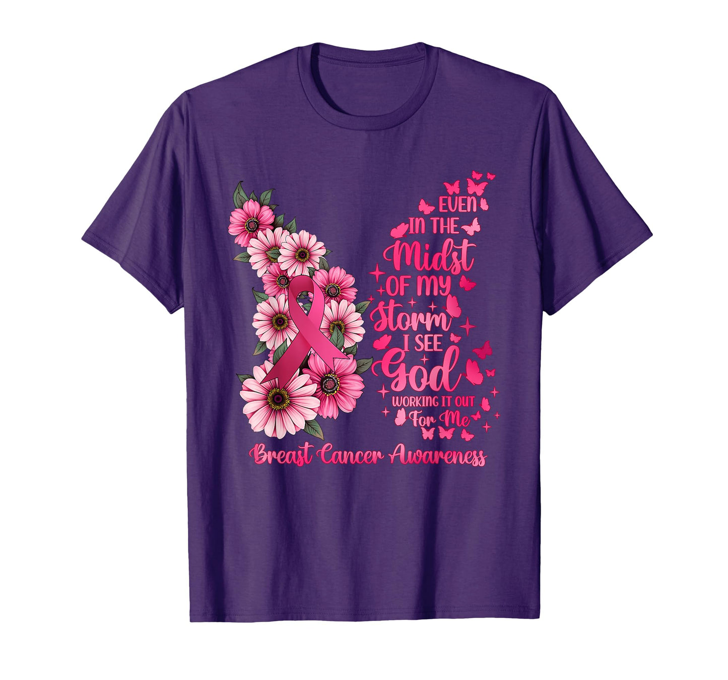 Breast Cancer Awareness God Bible Verse Pink Butterfly Women T-Shirt
