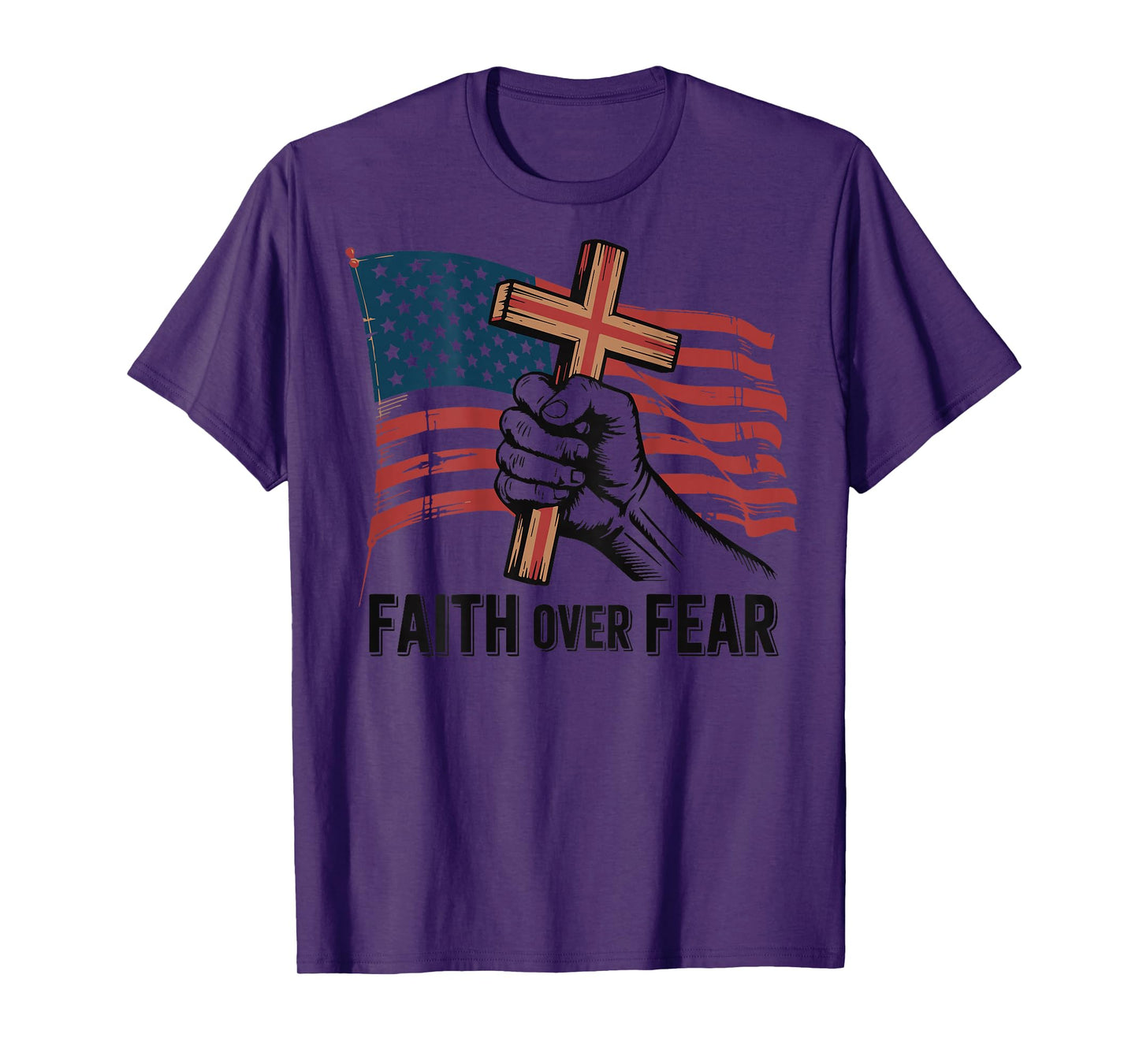 Christian Patriotic Cross Faith Over Fear American Flag Mens T-Shirt
