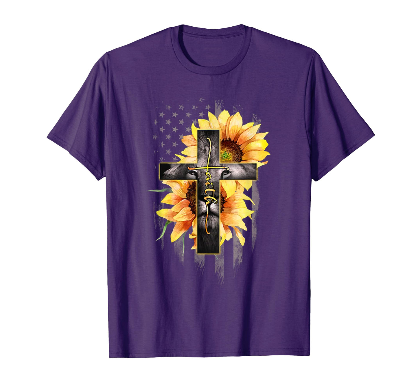 Faith Cross Christian Lion Sunflower American Flag T-Shirt