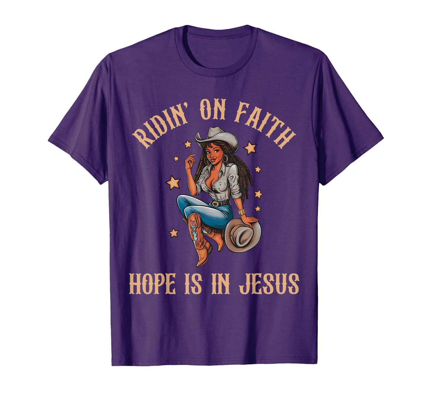 Ridin' On Faith Hope is in Jesus Black Cowgirl Christian T-Shirt