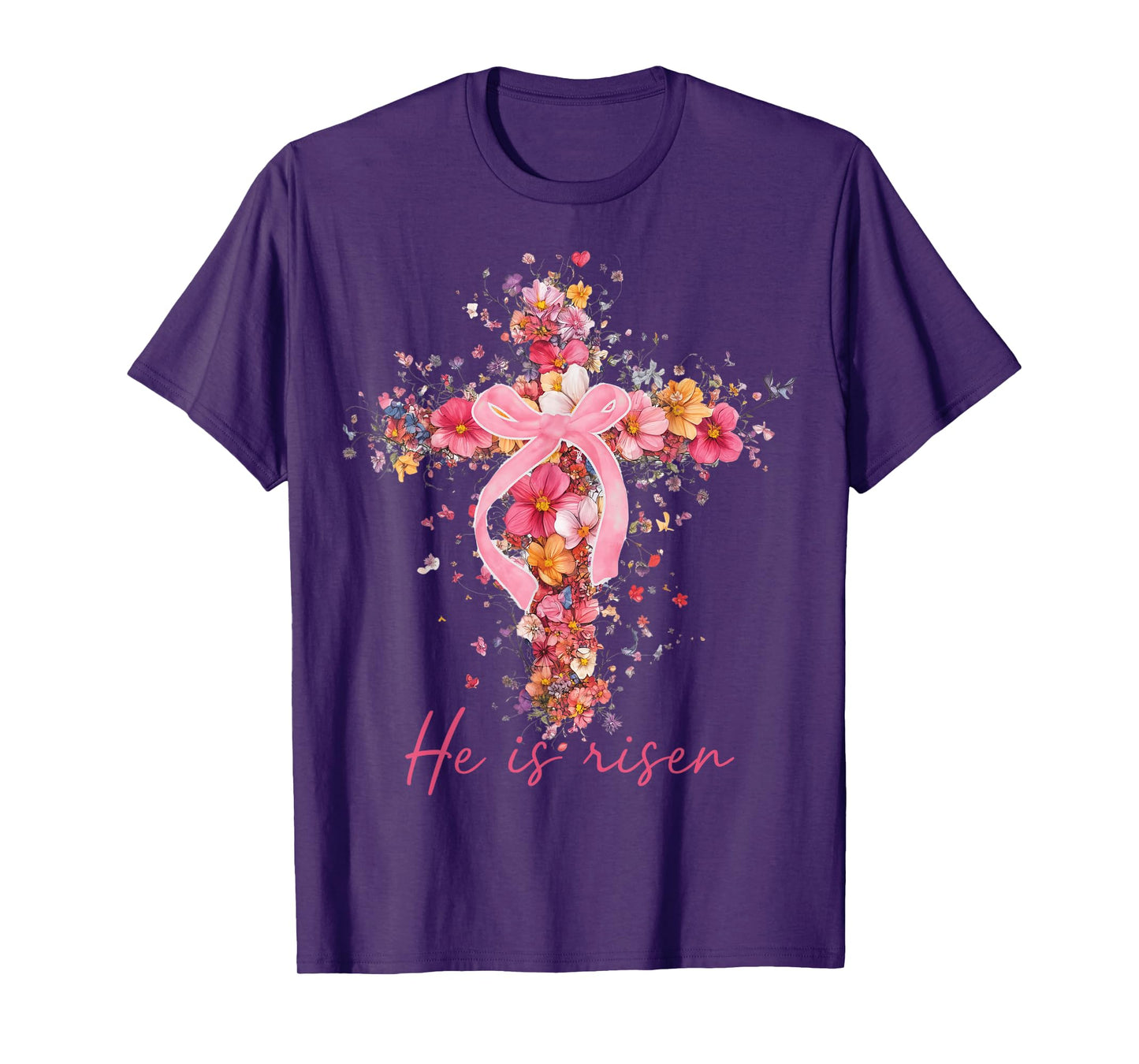 Floral Easter He Is Risen Christian Bible Pink Easter Bow T-Shirt