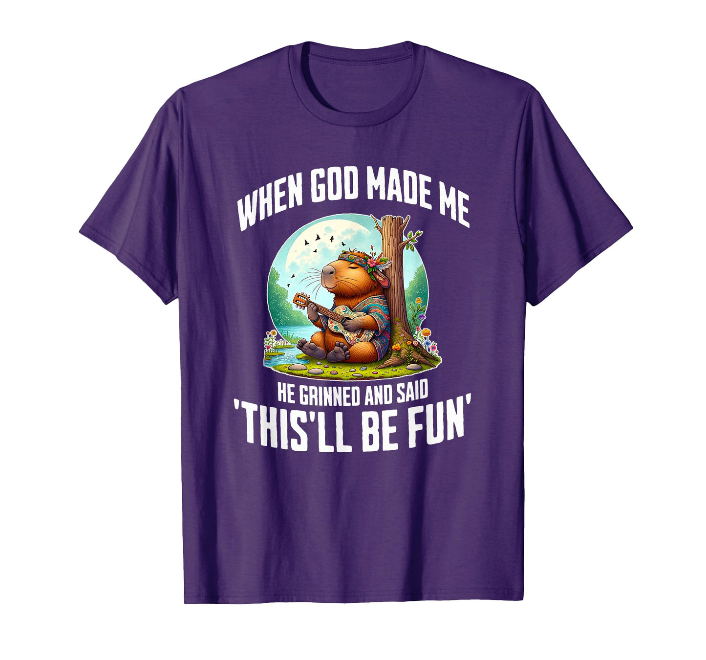 When God Made Me He Grinned Funny Capybara Guitar Hippie T-Shirt