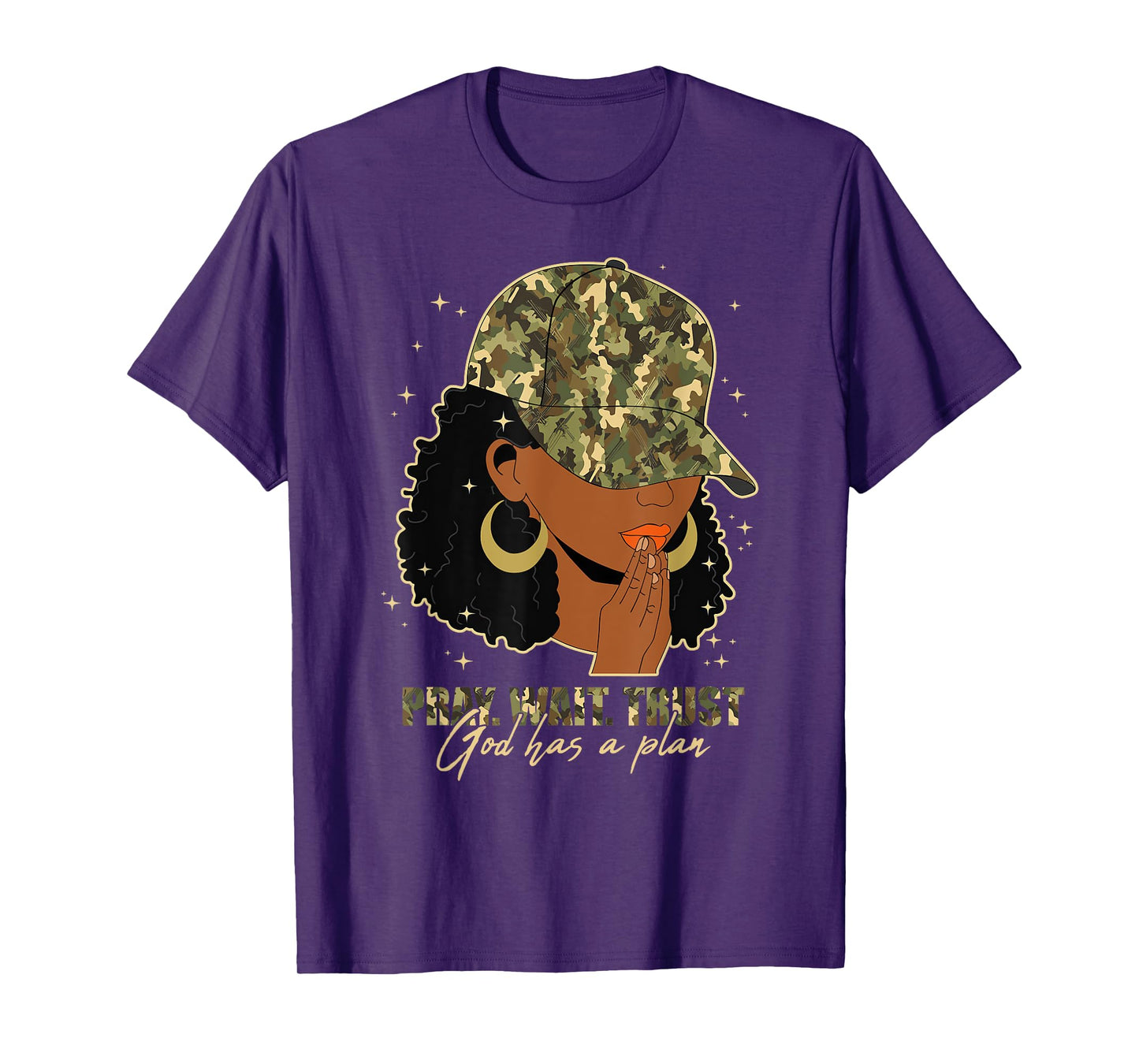 Pray Wait Trust Praying Black Woman Afro Christian Camo T-Shirt
