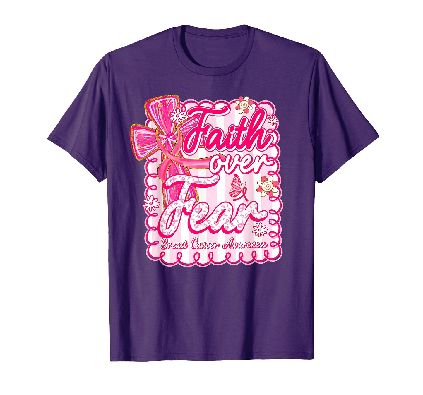 Preppy Breast Cancer Faith Over Fear Coquette Pink Ribbon T-Shirt