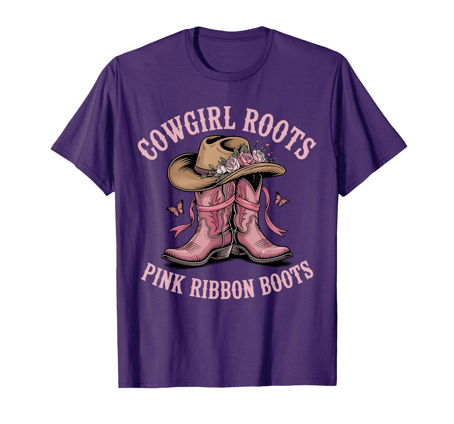 Cowgirl Roots Pink Ribbon Boots Breast Cancer Awareness T-Shirt