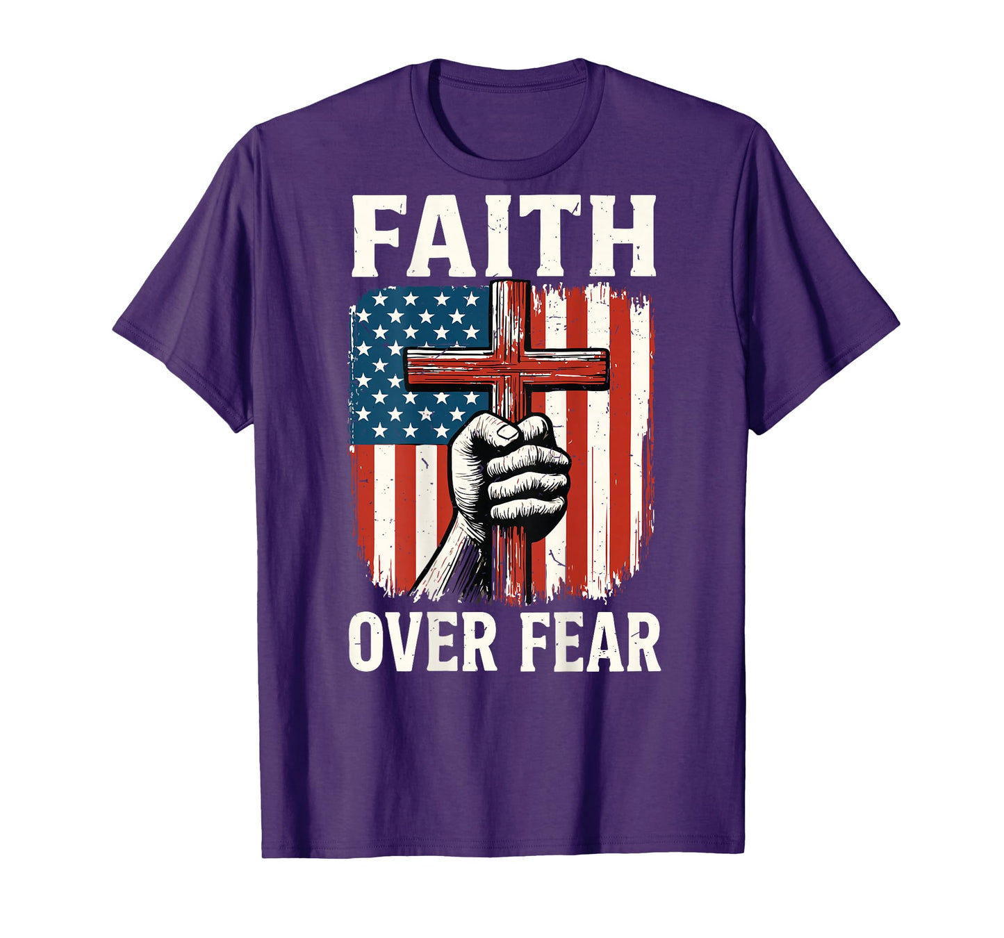 Mens American Flag Faith Over Fear Christian Patriotic Cross T-Shirt
