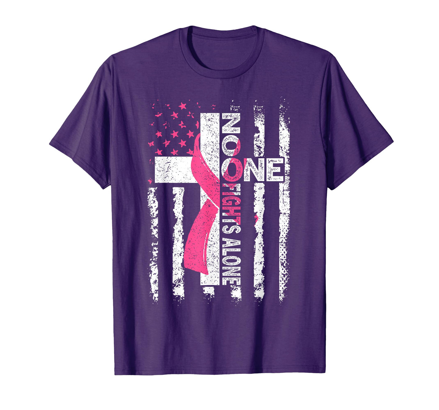 No One Fights Breast Cancer Alone Faith USA Flag Pink Ribbon T-Shirt