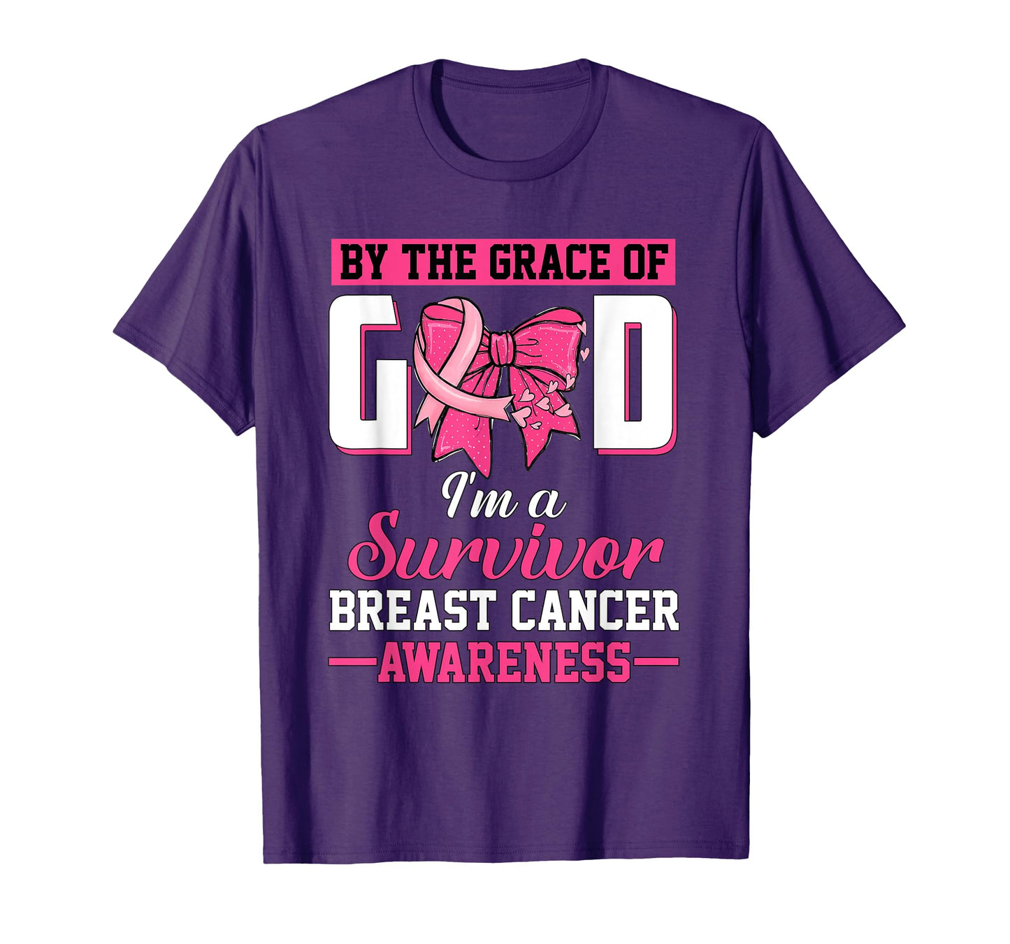 by The Grace God I'm A Survivor Breast Cancer Bow Ribbon T-Shirt