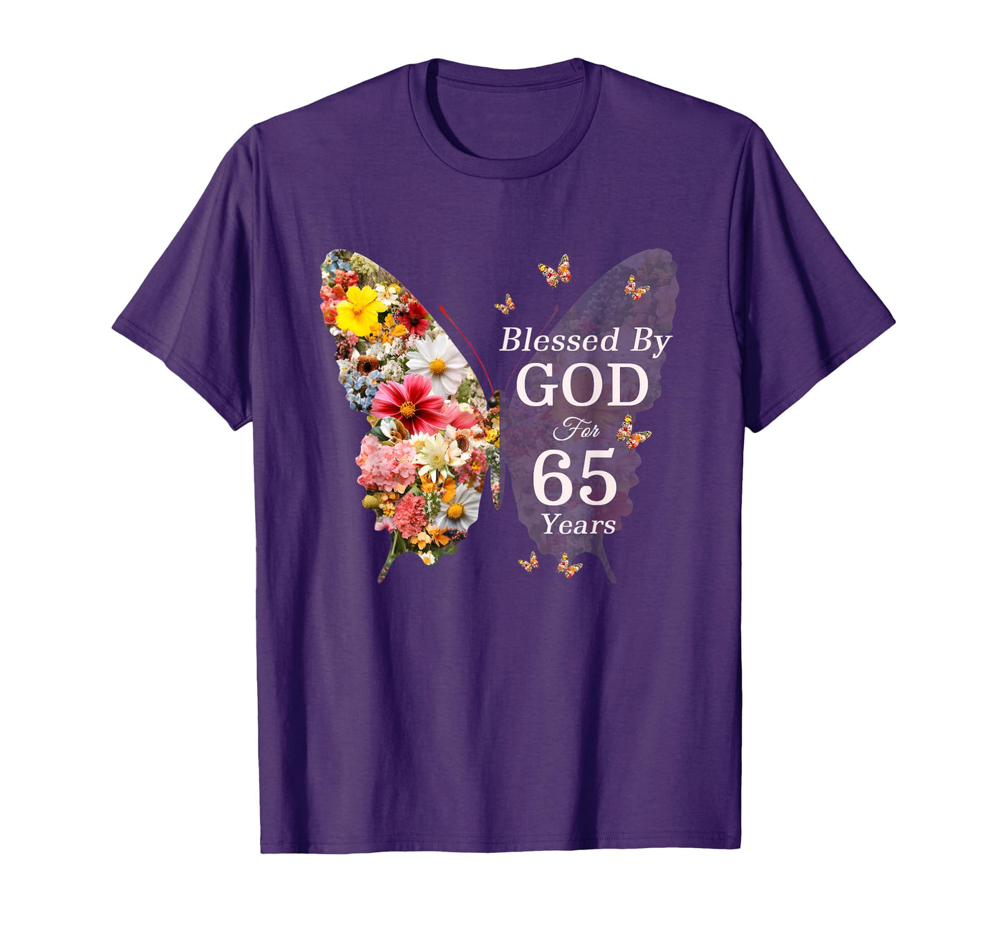 Blessed By God For 65 Years Butterfly Flower 65th Birthday T-Shirt