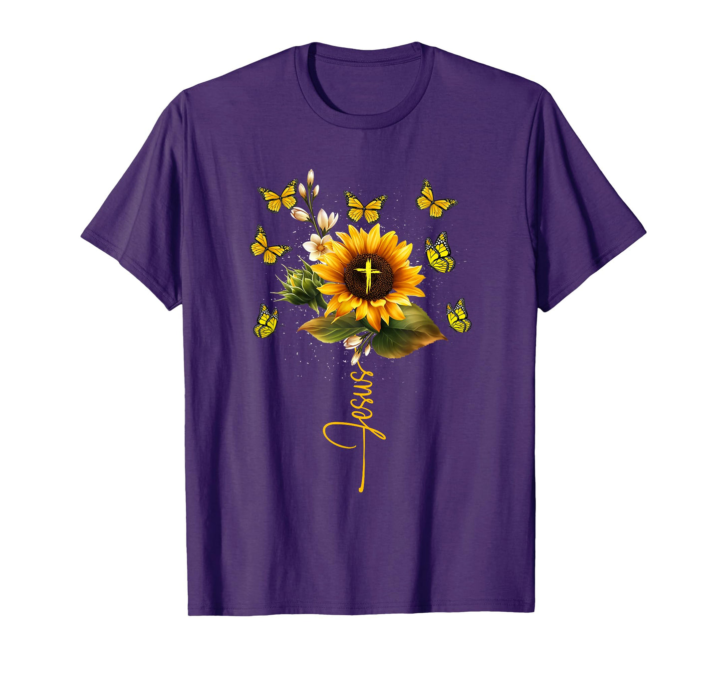 Sunflower Jesus Cross Butterflies Art Religious Christian T-Shirt