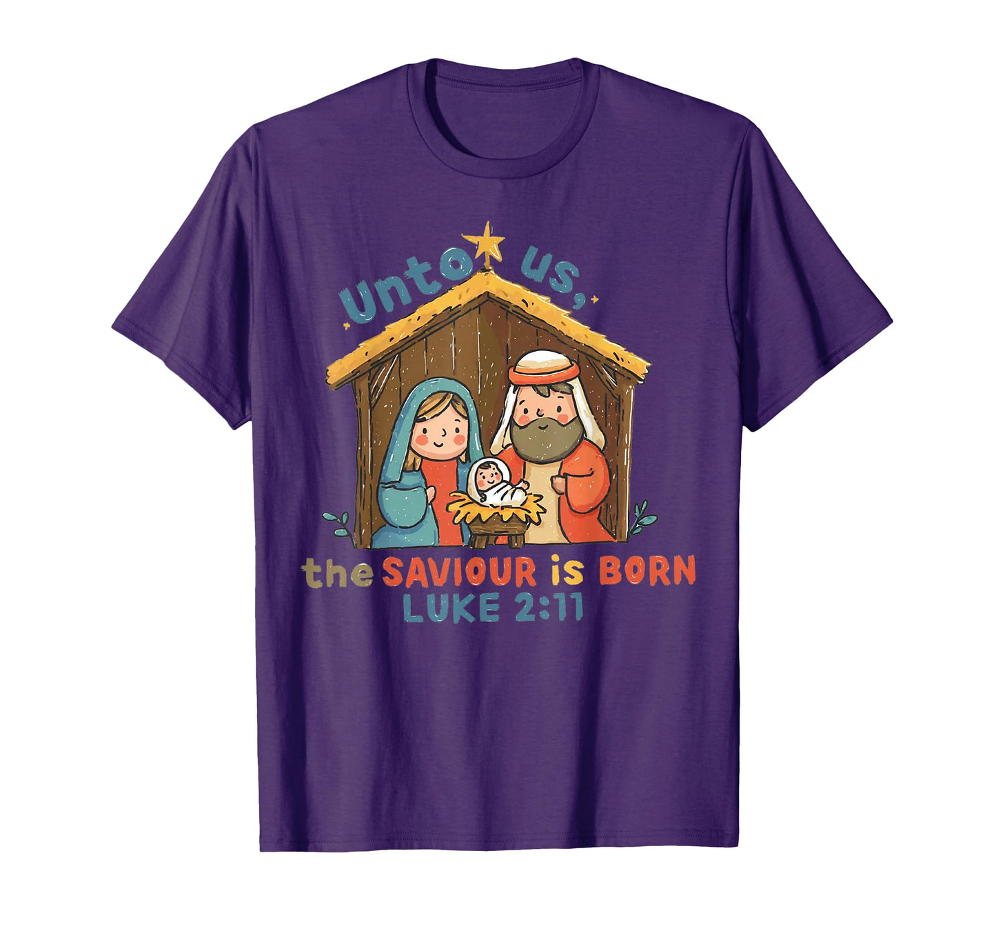 Nativity Scene Unto Us The Saviour is Born Christian Xmas T-Shirt
