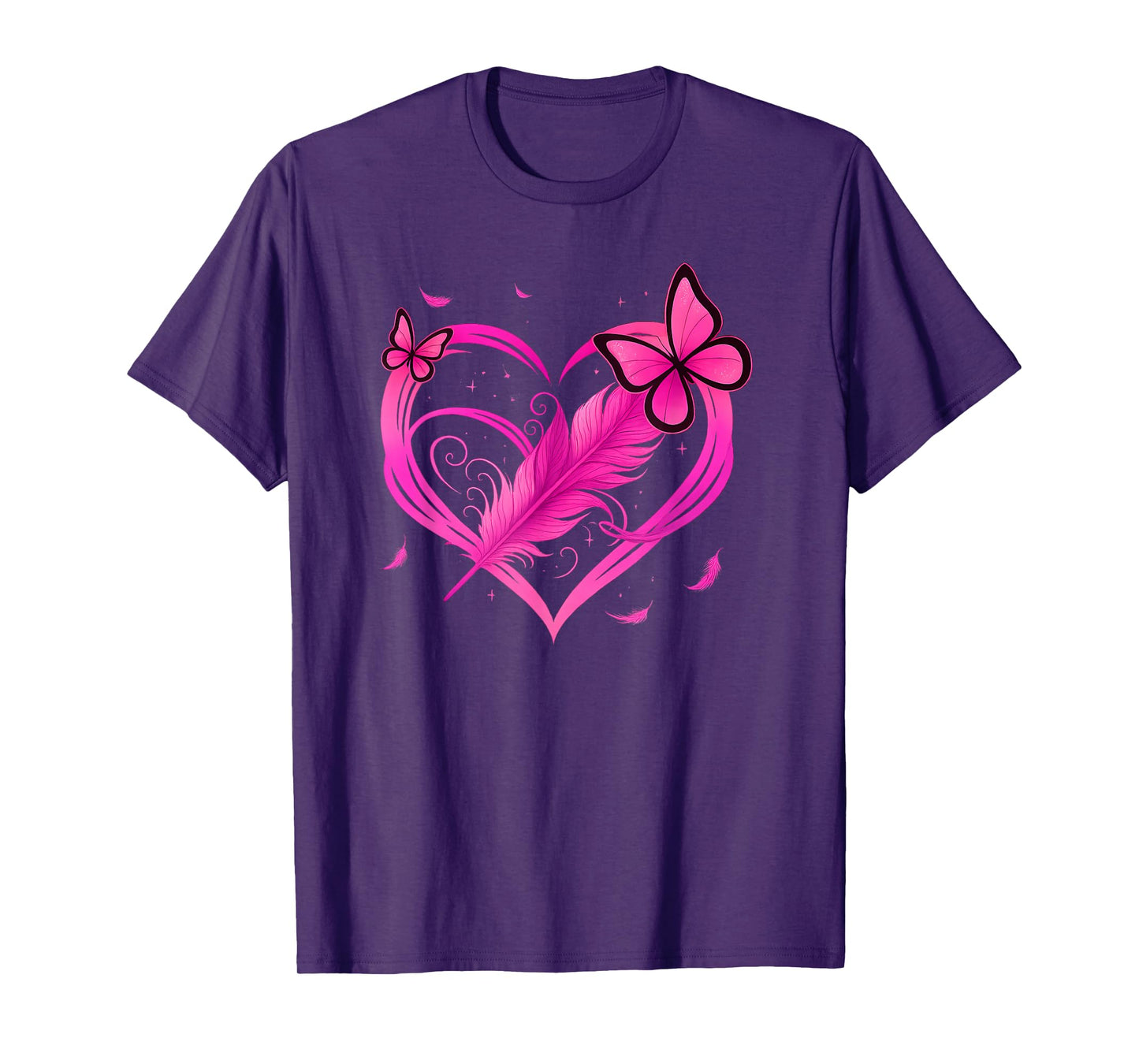 Pink Heart Butterfly Feather Breast Cancer Awareness T-Shirt