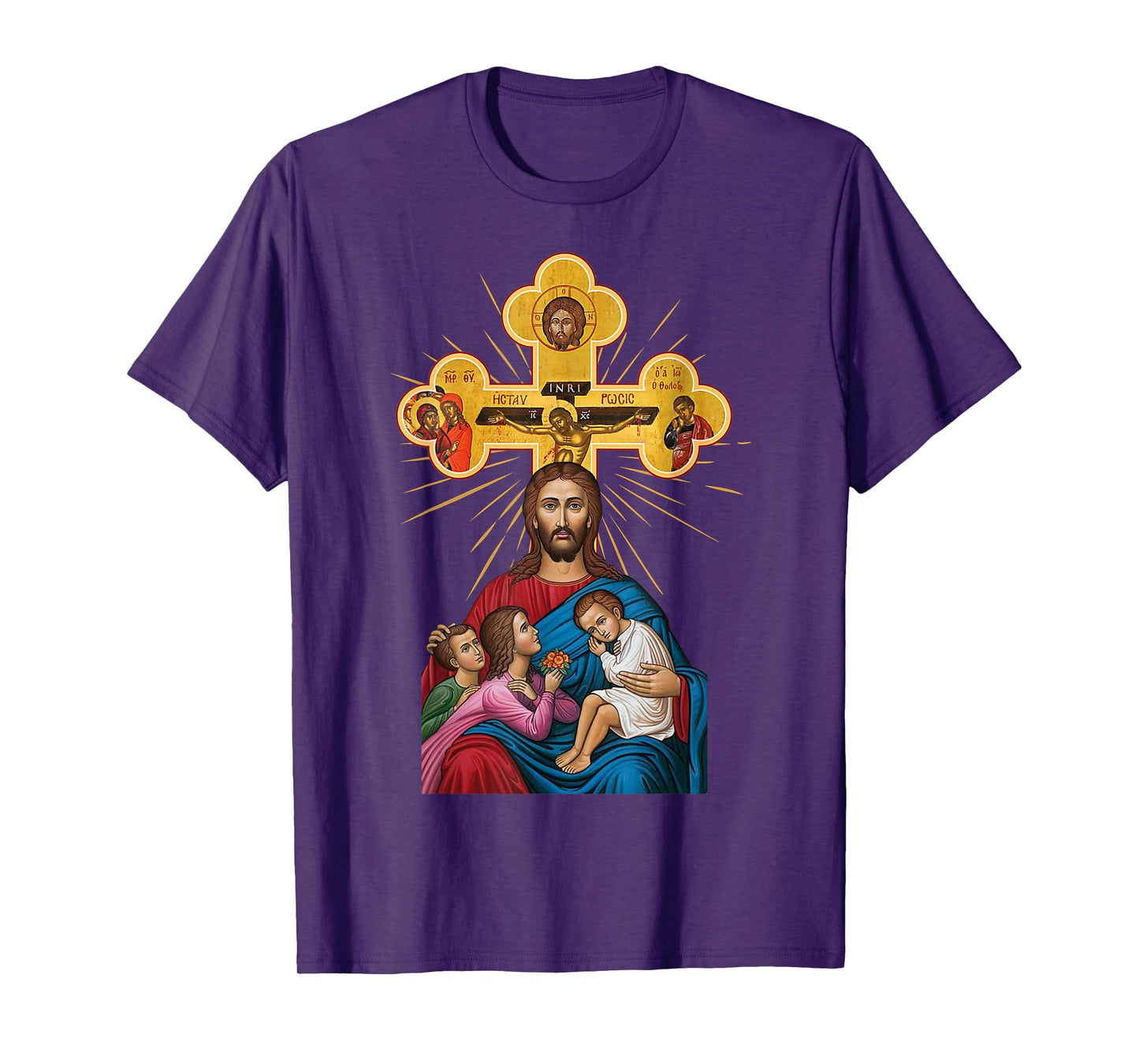 Jesus Christ with Holy Cross and Children Religious Icon Art T-Shirt