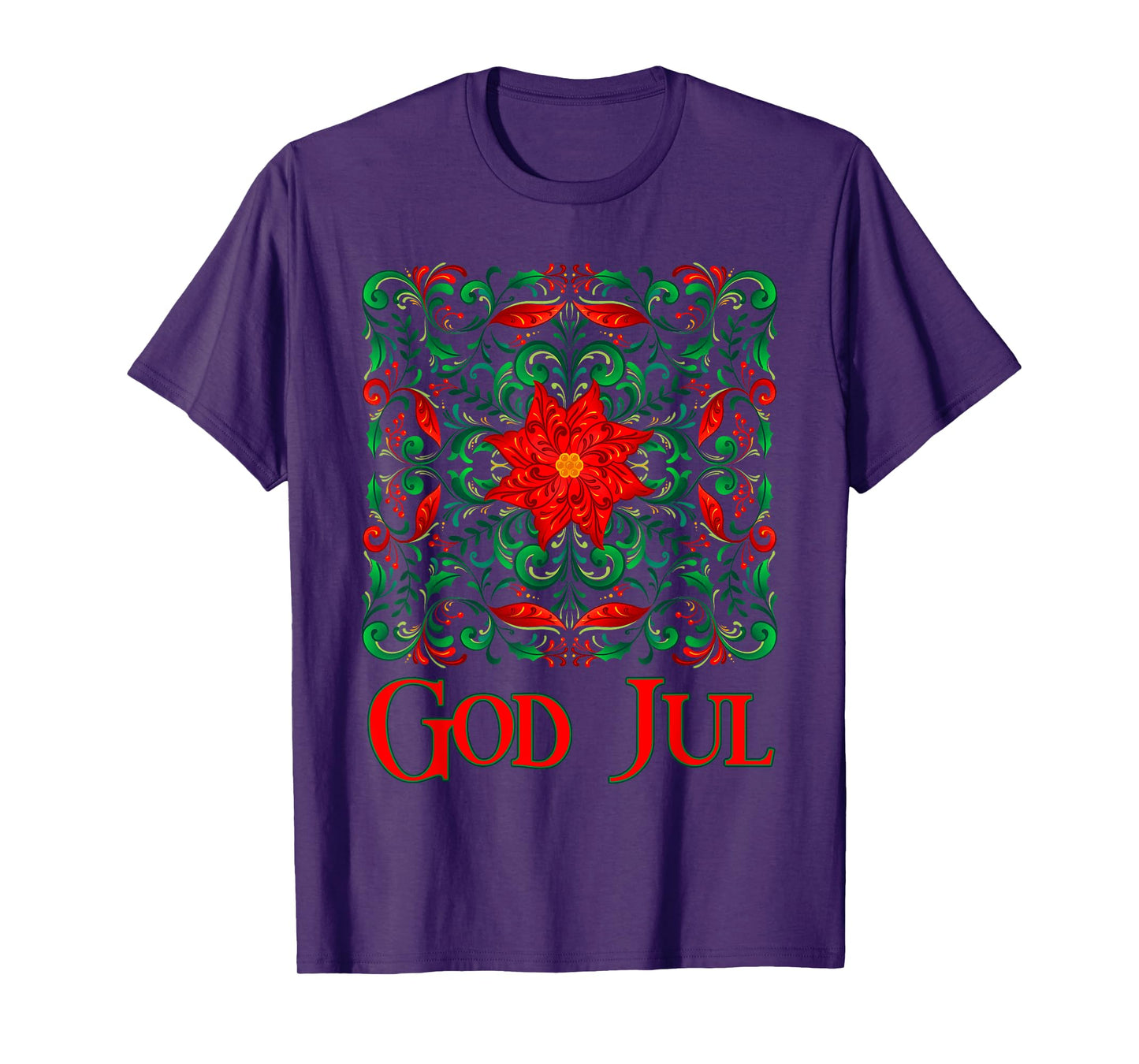 Norwegian Rosemaling God Jul Christmas Poinsettia Folk Art T-Shirt