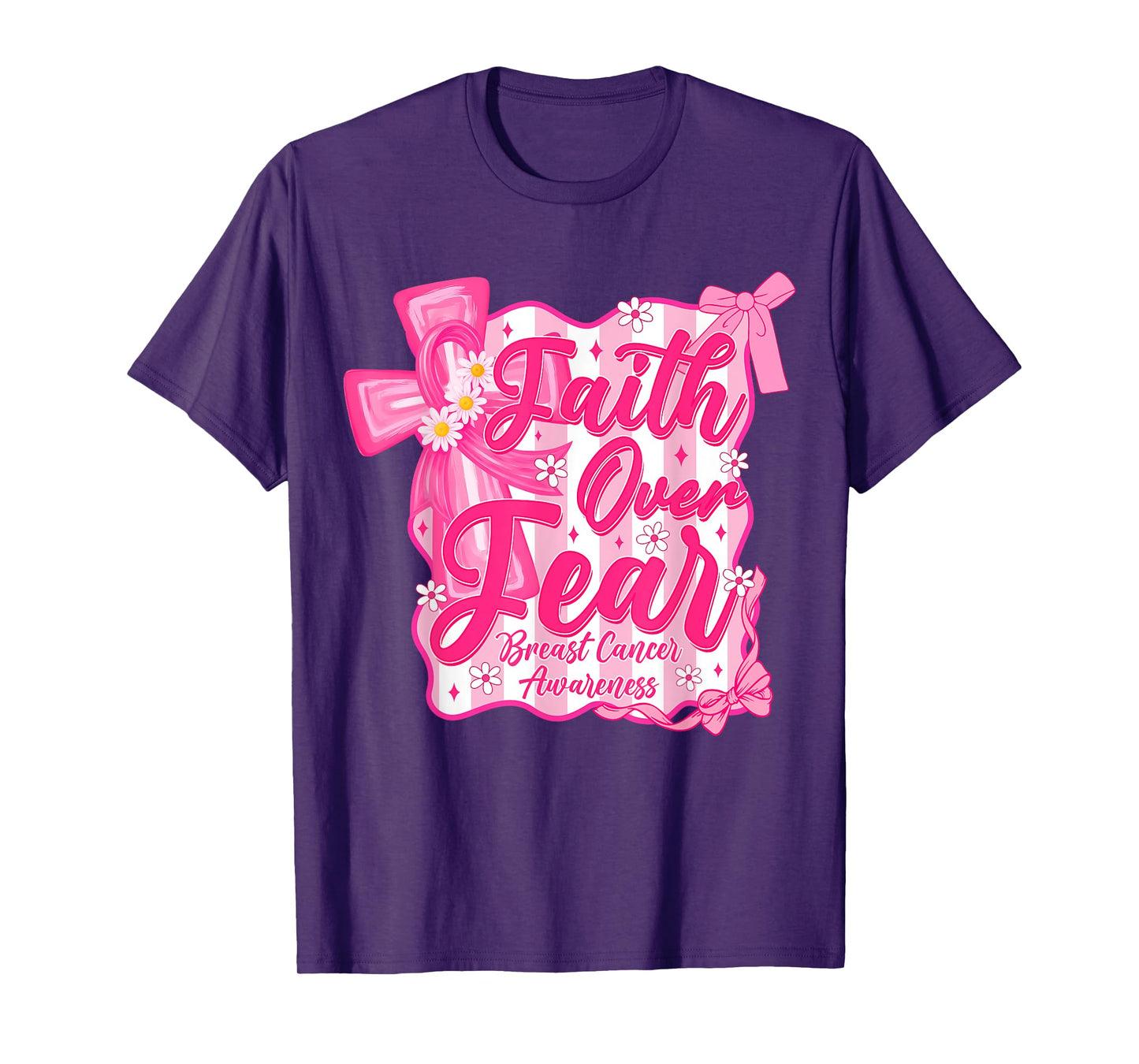 Faith Over Fear Cross Pink Ribbon Christian Breast Cancer T-Shirt